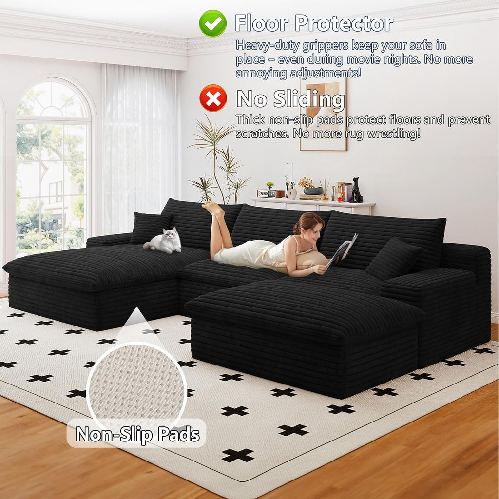 107' Cloud Couch Modular Sectional Sofa for Living Room, U-Shape Boneless Couch with Deep Seat, Modern Corduroy 3-Seater with Ottoman, No Assembly Required (Black,Left-Facing Chaise)