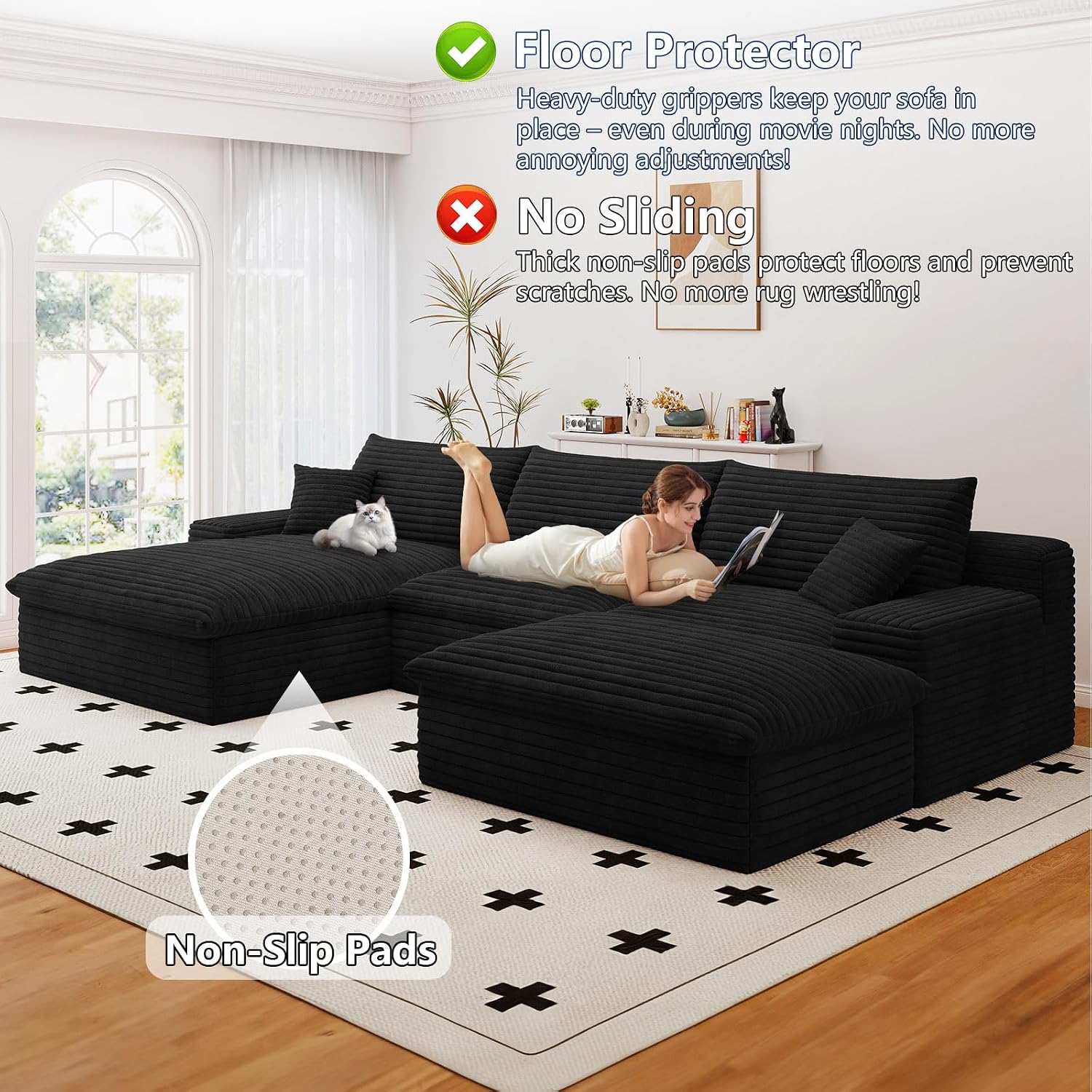 107' Cloud Couch Modular Sectional Sofa for Living Room, U-Shape Boneless Couch with Deep Seat, Modern Corduroy 3-Seater with Ottoman, No Assembly Required (Black,Left-Facing Chaise)