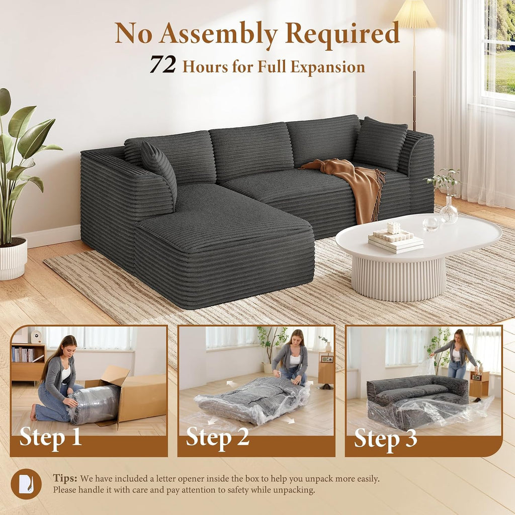 Vesgantti 106' Boneless Couch with Chaise, Deep Seat Comfy Cloud Modular Sofa Corduroy Memory Foam Sectional Couches for Living Room Bedroom, No Assembly Required (Grey, Left-Facing Chaise)