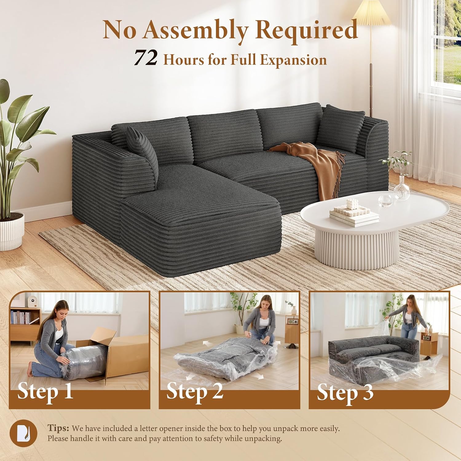 Vesgantti 106' Boneless Couch with Chaise, Deep Seat Comfy Cloud Modular Sofa Corduroy Memory Foam Sectional Couches for Living Room Bedroom, No Assembly Required (Grey, Left-Facing Chaise)