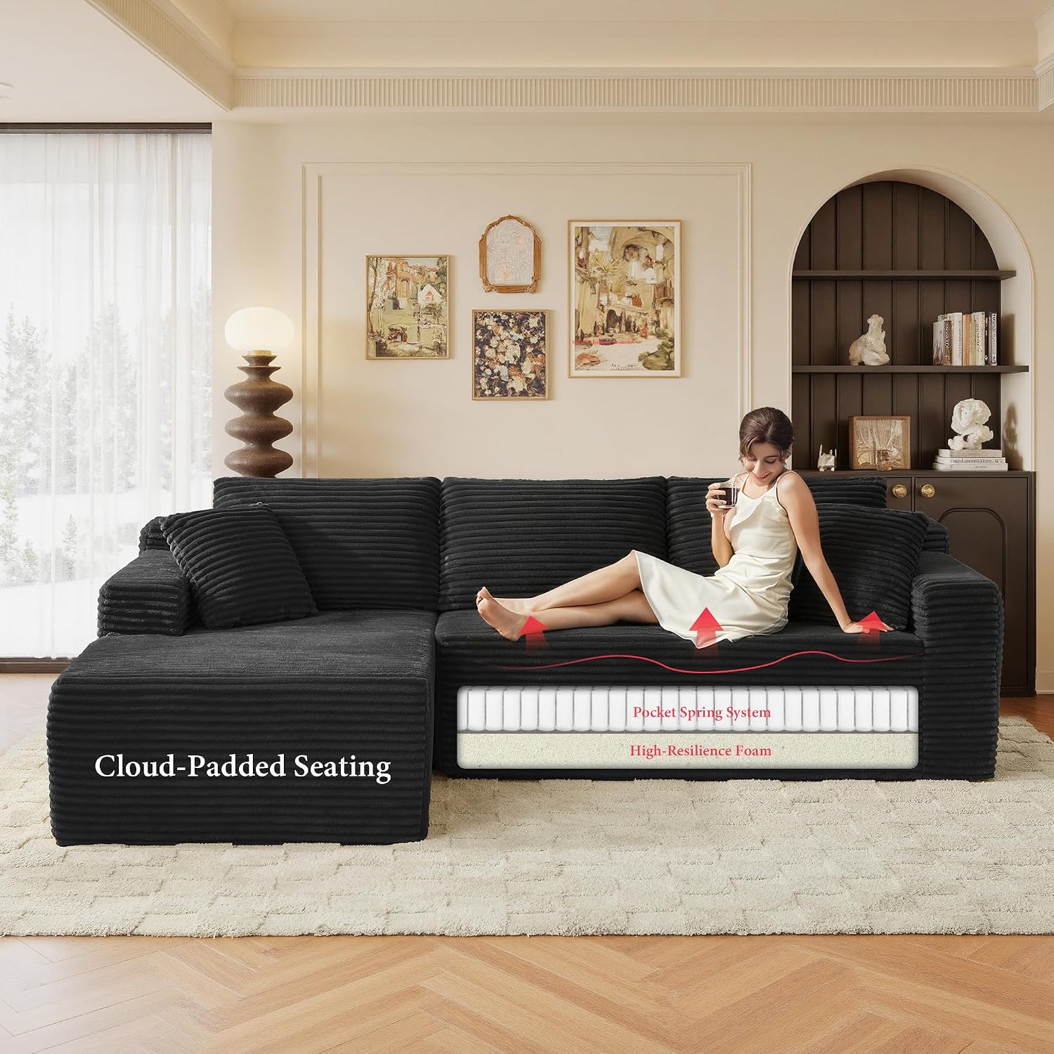 96' Sectional Couches for Living Room Cloud Couch Sofa with L-Shape Upholstered Boneless Couchs Modern Modular Sectional Couch with Chaise (Black, 95' W+Left Facing Chaise+2Seaters)