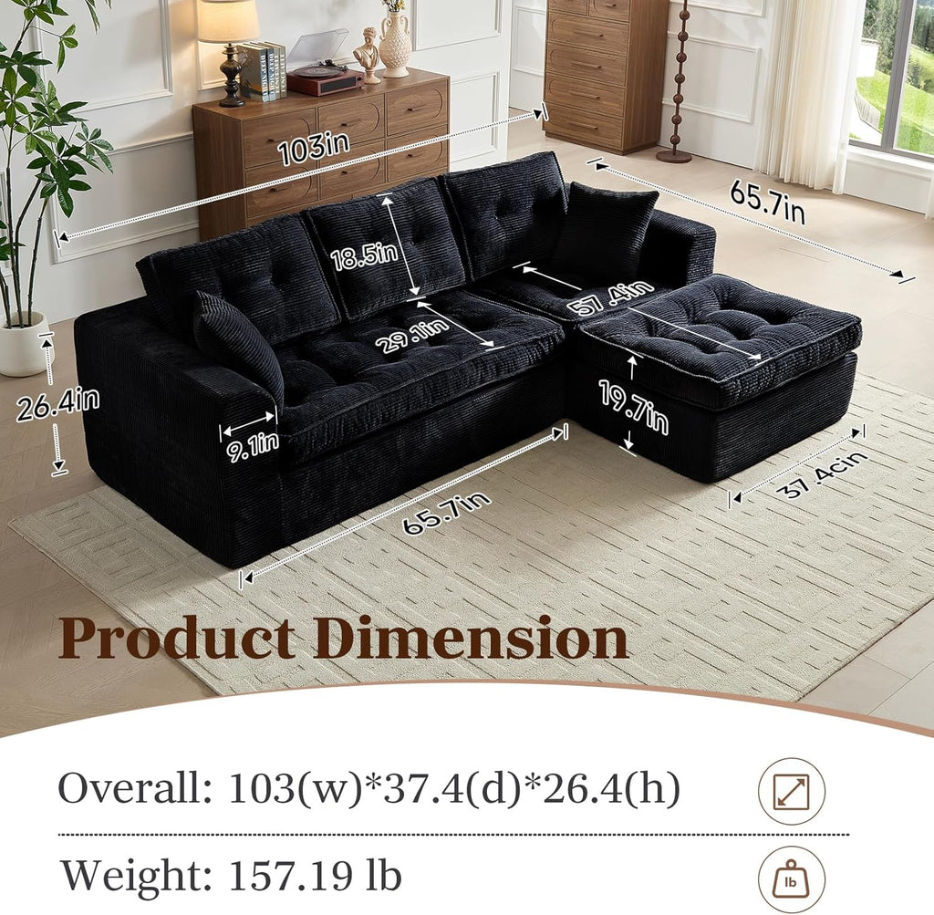 ROXGOX Cloud Couches for Living Room, Modern Modular Sectional Sofa with L-Shape Chaise, Boneless Couch with Deep Seat, Plush Corduroy, No Assembly Required (Black)