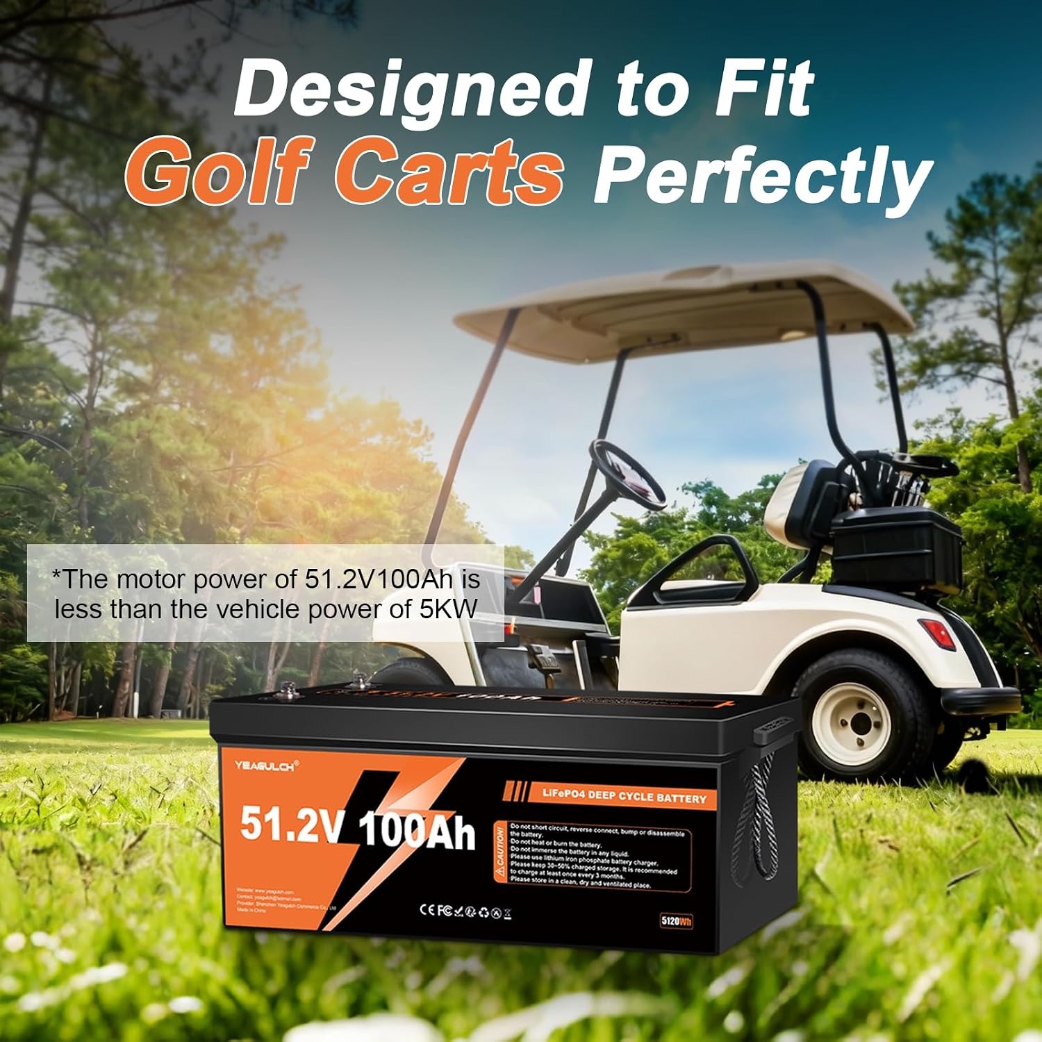 48V 100Ah Lithium Lifepo4 Golf Cart Battery Built-in 200A BMS Support up to 5000W Motor 8000+ Deep Cycle Low-Temp Protection Battery for Golf Carts, RV, Off-Grid, Camping,Solar System