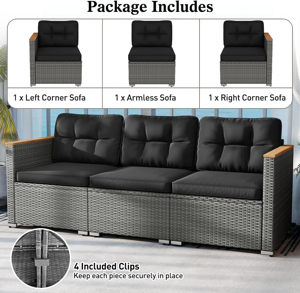 Tangkula 3-Seat Patio Wicker Couch Sofa, Outdoor 3 Seater Rattan Furniture Set with Acacia Wood Armrests & Thick Cushion, Outside Sectional Sofa Couch for Porch, Deck, Garden and Backyard, Black