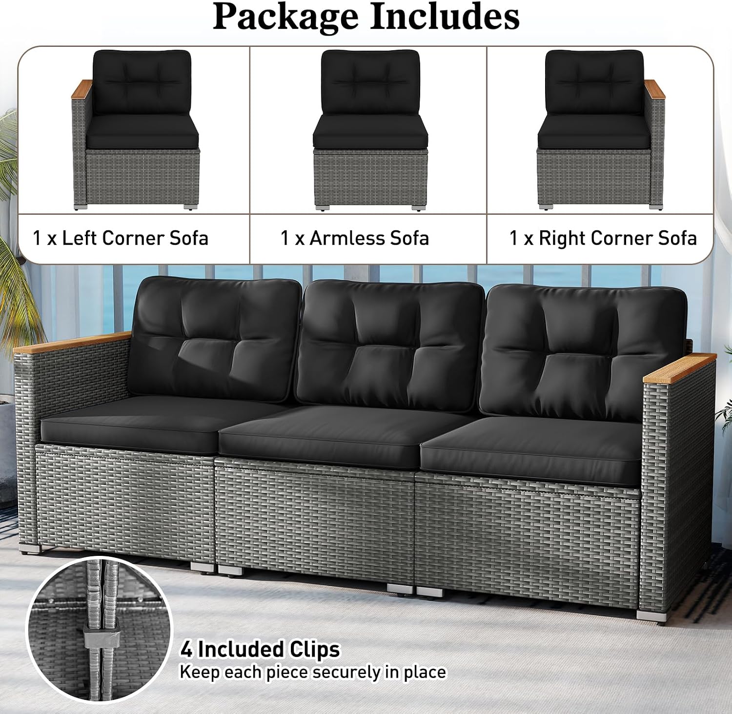 Tangkula 3-Seat Patio Wicker Couch Sofa, Outdoor 3 Seater Rattan Furniture Set with Acacia Wood Armrests & Thick Cushion, Outside Sectional Sofa Couch for Porch, Deck, Garden and Backyard, Black