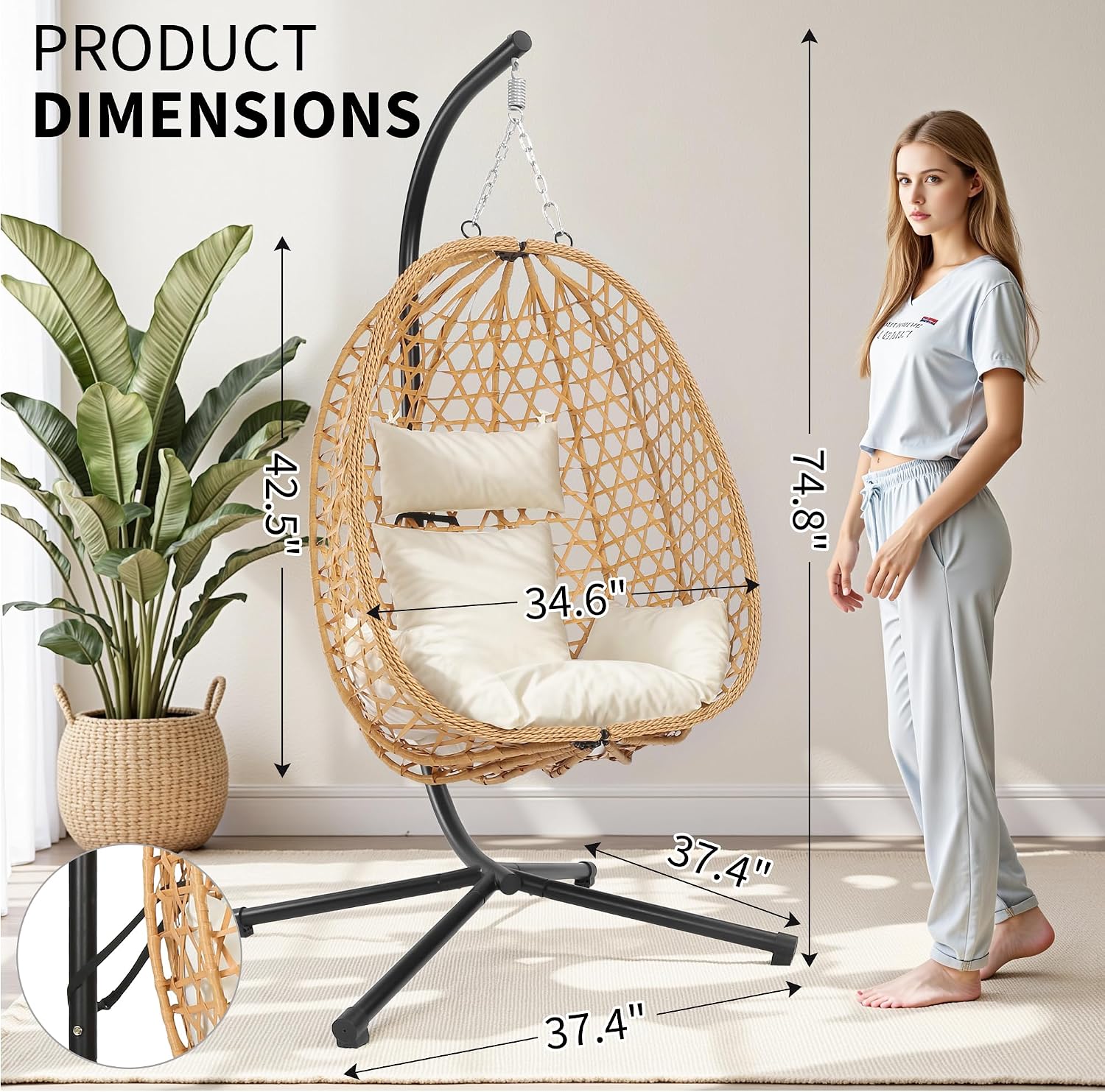 LEX CRAFT Egg Chair with Stand, Patio Wicker Hanging Chair, Hammock Swing Chair, 350LBS Capacity for Bedroom, Balcony, Garden (YE-BE)