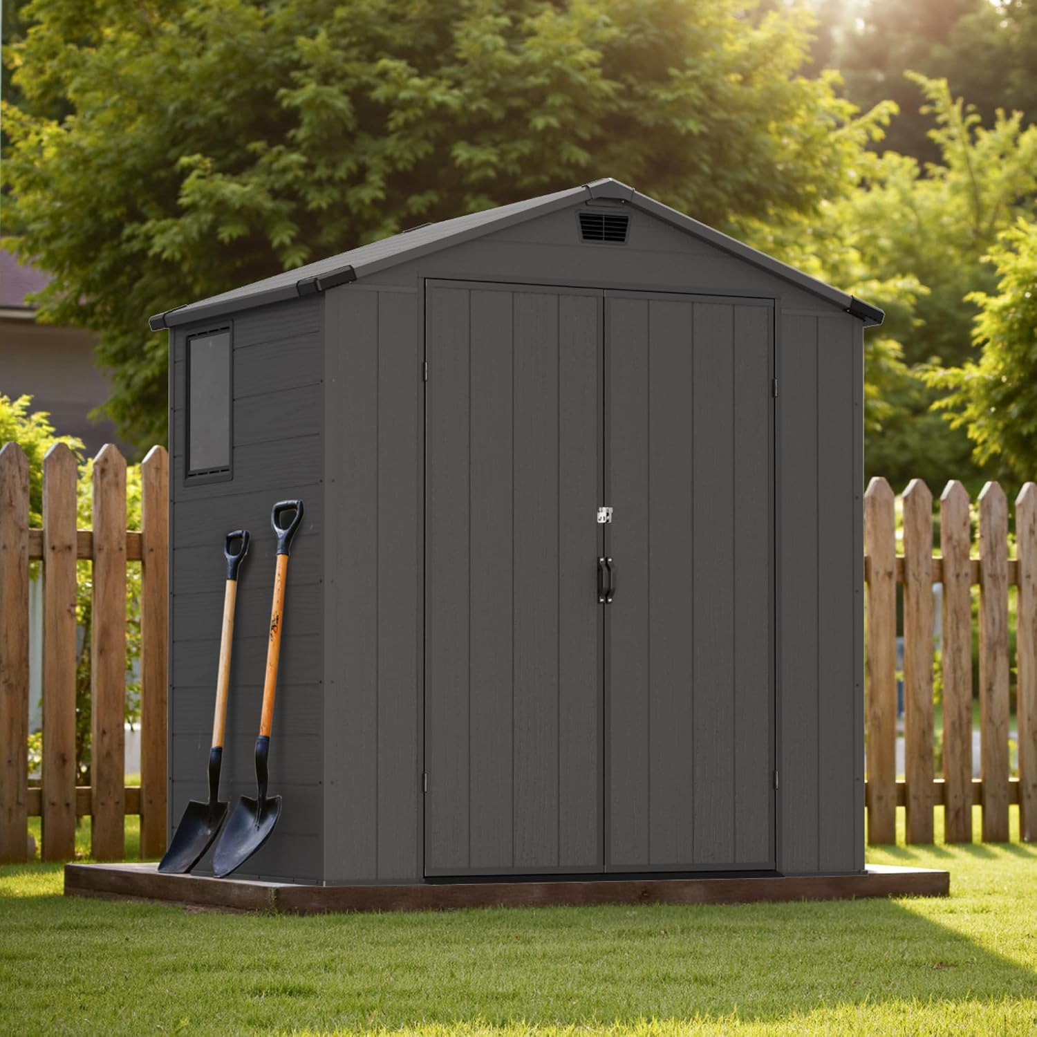 Greesum 6x4FT Plastic Outdoor Storage Shed with Floor, Resin Sheds with Lockable Double Door, Tool Sheds with Vents and Window, for Garden, Backyard, Patio, Dark Gray