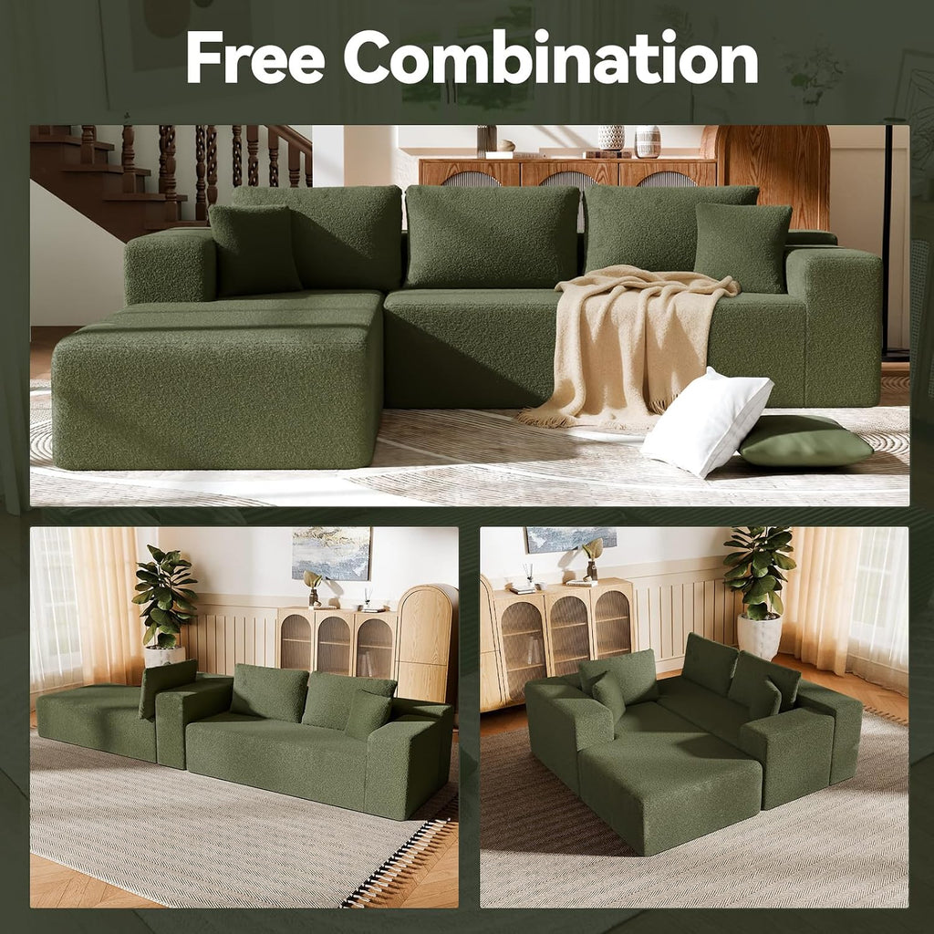 Cloud Wool Modular Sectional Sofa with Chaise, 106' L-Shaped Sofa Couch for Living Room, Deep Seat Plush Boneless Couches, Includes Pillows, Right Chaise, Green