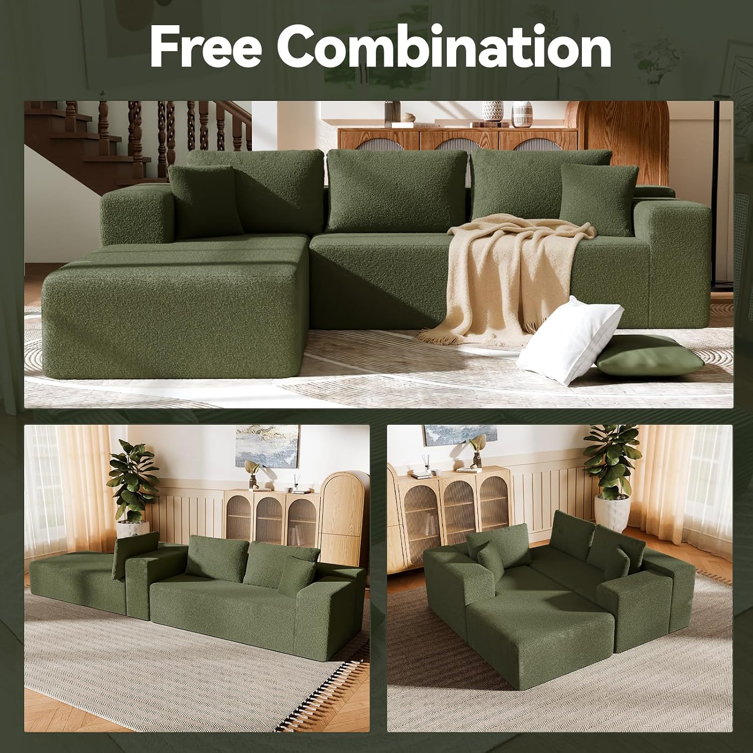 Cloud Wool Modular Sectional Sofa with Chaise, 106' L-Shaped Sofa Couch for Living Room, Deep Seat Plush Boneless Couches, Includes Pillows, Right Chaise, Green