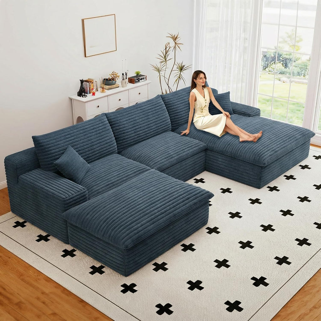 107' Cloud Couch Modular Sectional Sofa for Living Room, U-Shape Boneless Couch with Deep Seat, Modern Corduroy 3-Seater with Ottoman, No Assembly Required (Blue,Right-Facing Chaise)
