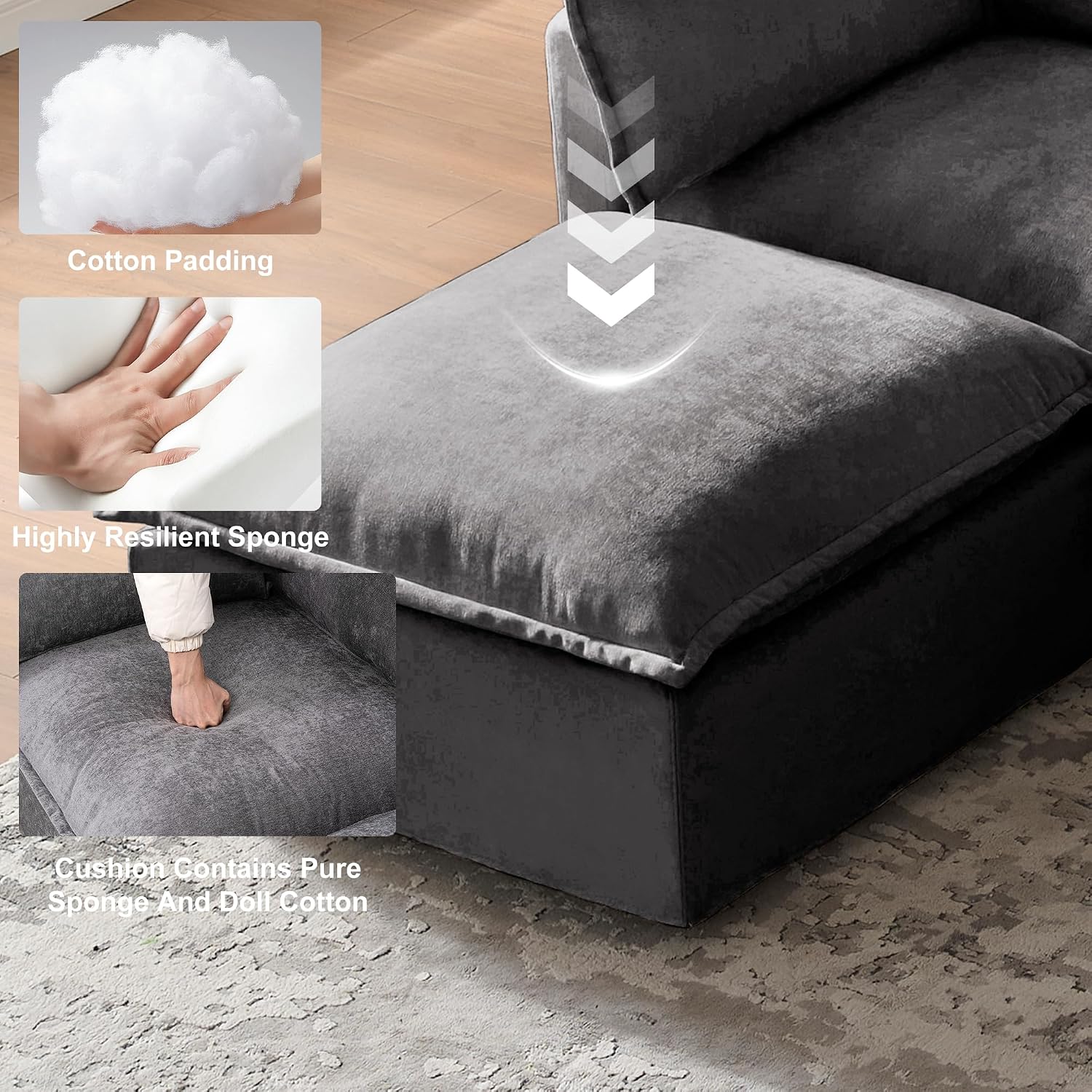 HDX Modular Sectional Sofa, L-Shaped Couch Sofa with 4 Seats and Pillows for Living Room, Modern Minimalist Chenille Fabric Large Comfy Cloud Furniture Sets (Gray) | Chenille Fabric, With Pillows, Cloud Furniture, Modern Minimalist, Living Room