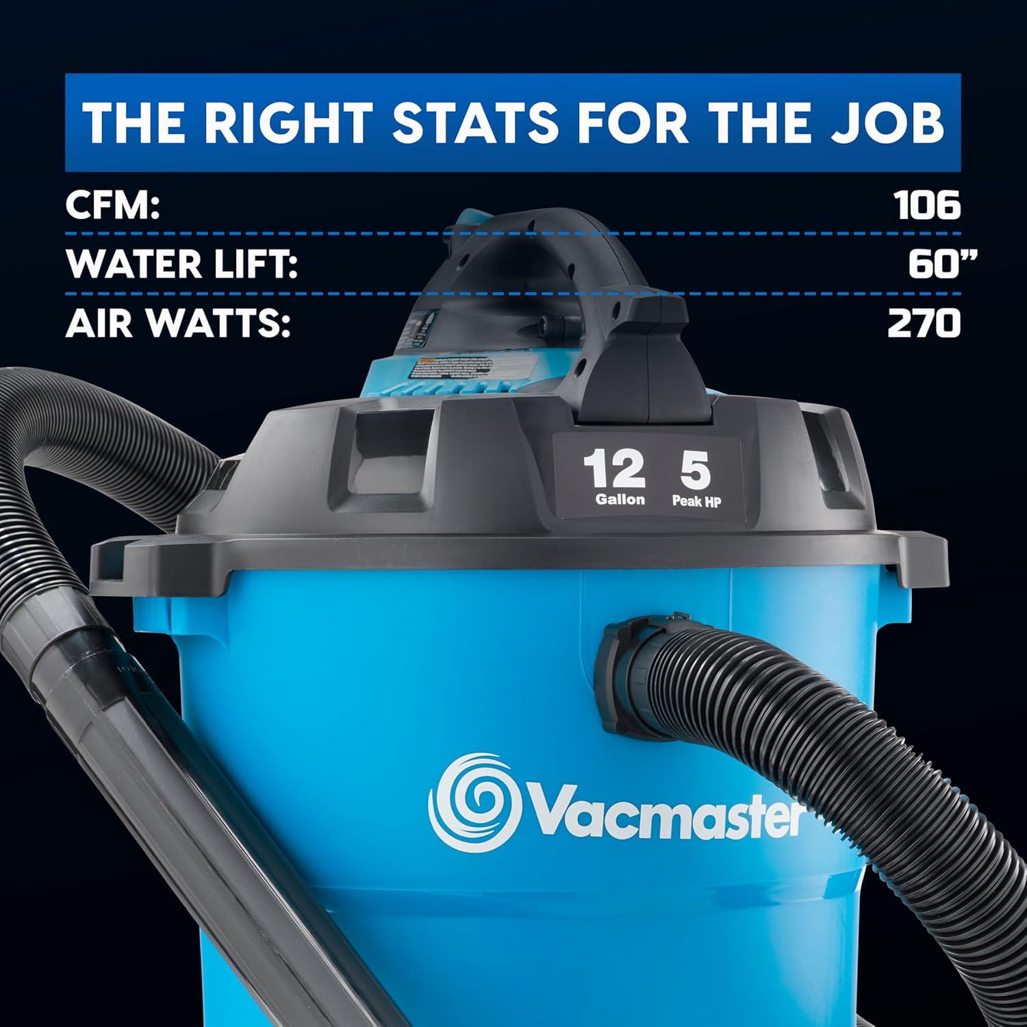 Vacmaster Blue Line 12-Gallon* 5 Peak HP† Wet/Dry Vacuum with Detachable Blower VBV1210