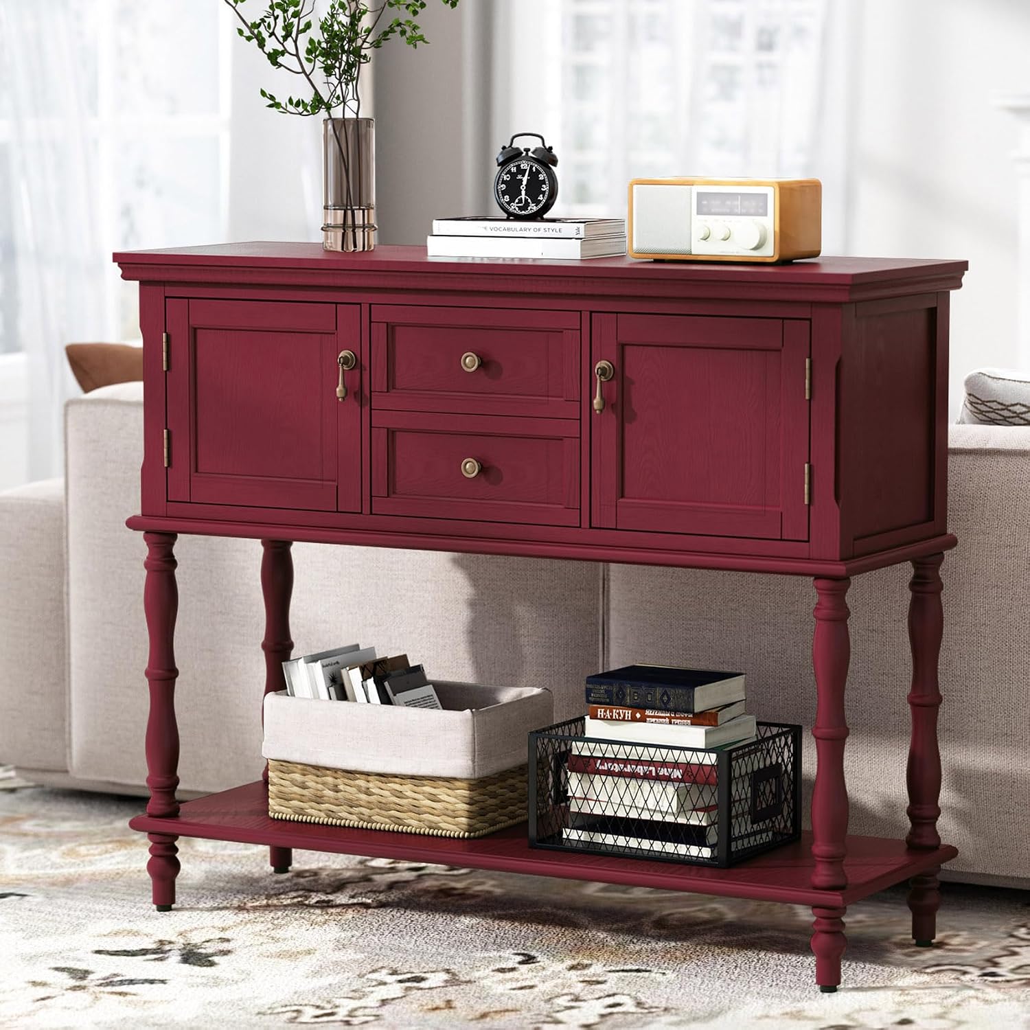 ARTPOWER Console Table with 2 Drawers, Retro Entryway Table with 2 Door Cabinets and Open Storage Shelf, Narrow Long Behind Couch Sofa Table for Living Room, Foyer, Hallway, Red
