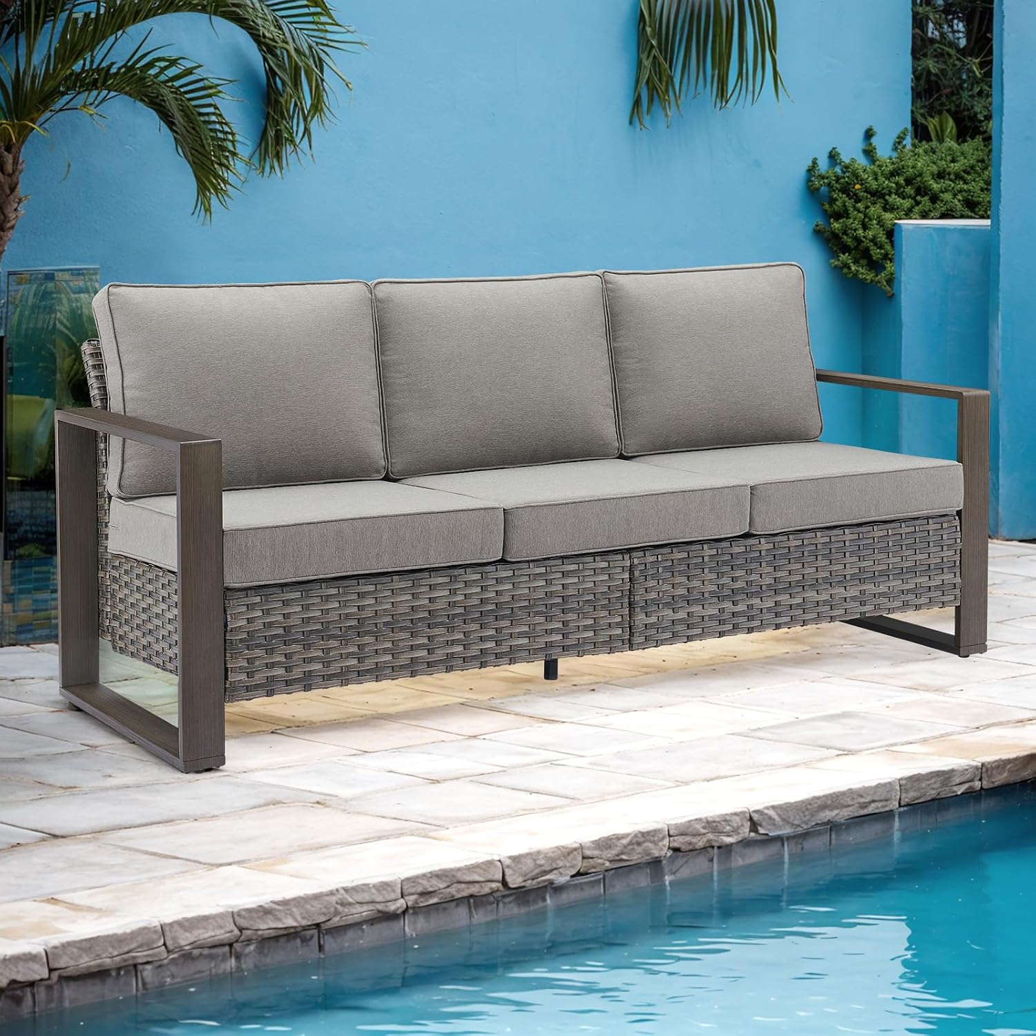 Rilyson Outdoor Couch Wicker Patio Sofa, Rattan Patio Furniture Sofa with Sturdy Frame,All-Weather PE Wicker,Wide Armrest,Deep Seating and Thick Cushions for Deck Porch Garden(Mixed Grey/Grey)