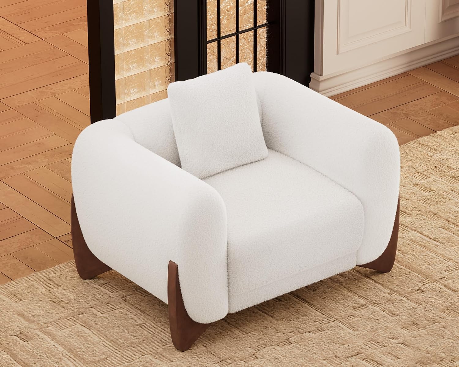 Morden Fort Sherpa Boucle Couch Armchair Single, Modern Sofa Upholstered Deep Chair with Soft Throw Pillow Skin-Friendly Minimalist Accent Chair Compatible with Sofa Set Couch for Living Room, White