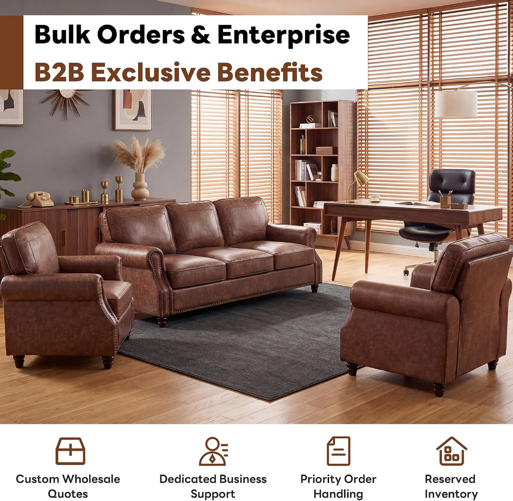 Kingfun Mid-Century Modern Couch, Faux Leather Sofa Set, 3 Seater Couch for Living Room with Rolled arms & Nailhead Trim, Dark Coffee