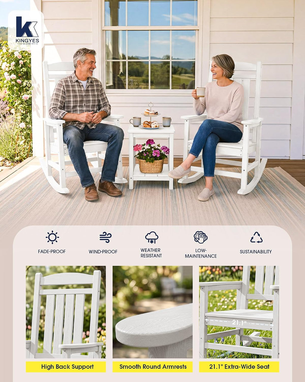 KINGYES Oversized HDPE Patio Rocking Chair Set of 6, Outdoor Rocking Chairs Porch Rocker for Adults, White