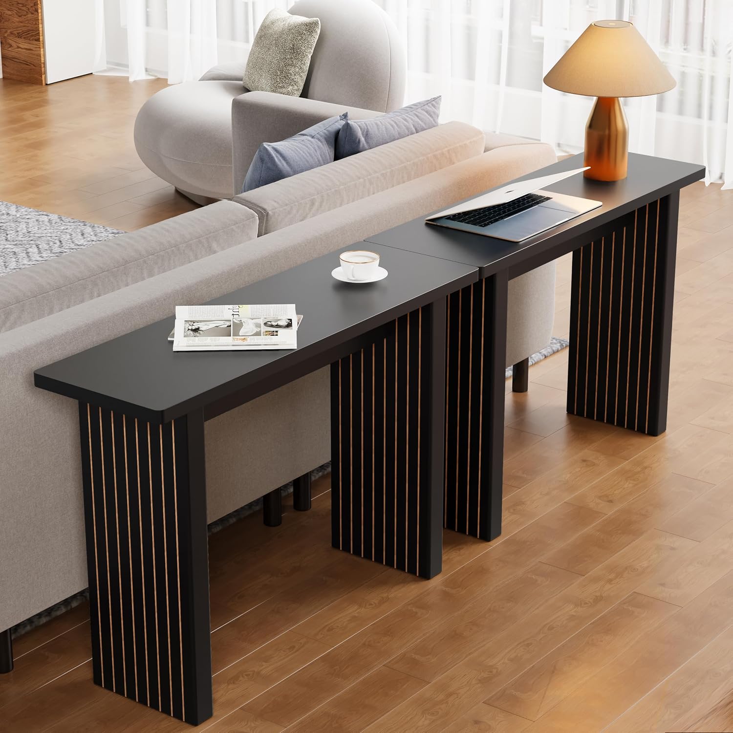 AVZEAR Mid Century Narrow Entryway Console Table, 43.3' Fluted Wood Couch Table Behind Sofa Long and Skinny for Living Room Hallway Entrance Foyer, Black