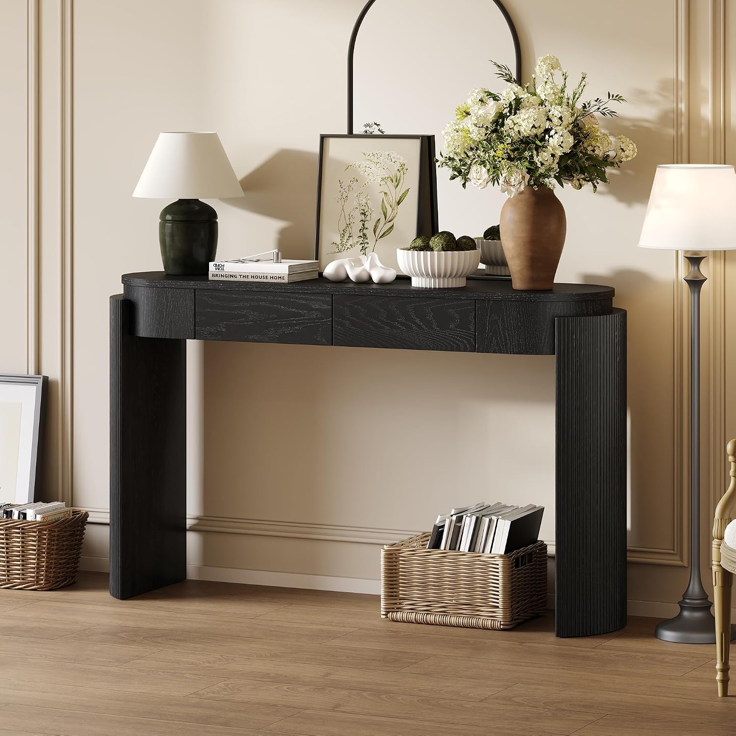 LKTART 55' Sofa Table with Oval Top and 2 Drawers, Entryway Console Table with Fluted Design for Hallway,Foyer,Entry and Living Room (Easy Assembled-Black)