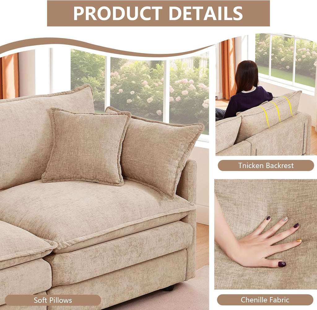 GNIXUU 102' Modular Sectional Sofa, L Shaped Cloud Couch with Movable Ottoman & 4 Pillows, Deep Seat Chenille 4 Seater Sectional Couches for Living Room, Apartment (Camel)