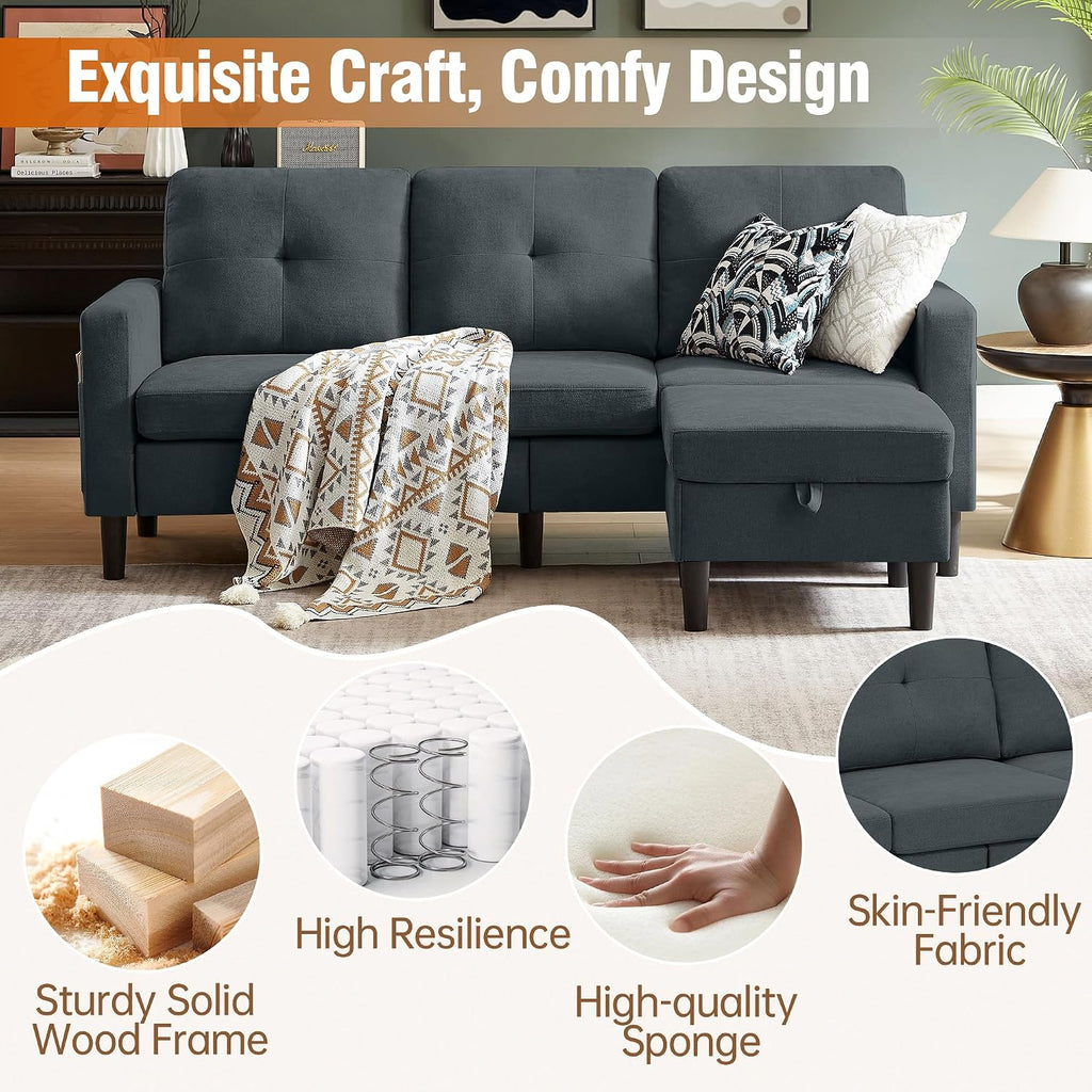80' Convertible Sectional Sofa Couch with Movable Ottoman, 3 Seats Sectional Sofas L Shaped Couch for Small Spaces, Soft Fabric Couch for Living Room (Dark Grey)