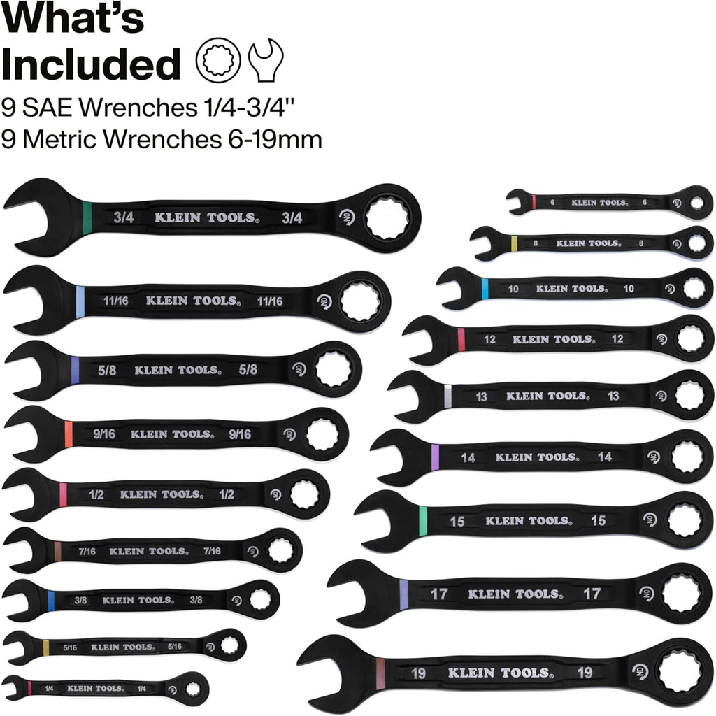 KLEIN TOOLS 69418CG 18-Piece Combination Ratcheting Wrench Set, SAE 1/4 to 3/4-Inch and Metric 6 to 19 mm, 90-Tooth Ratchet, MODbox Compatible, Color-Coded Sizes
