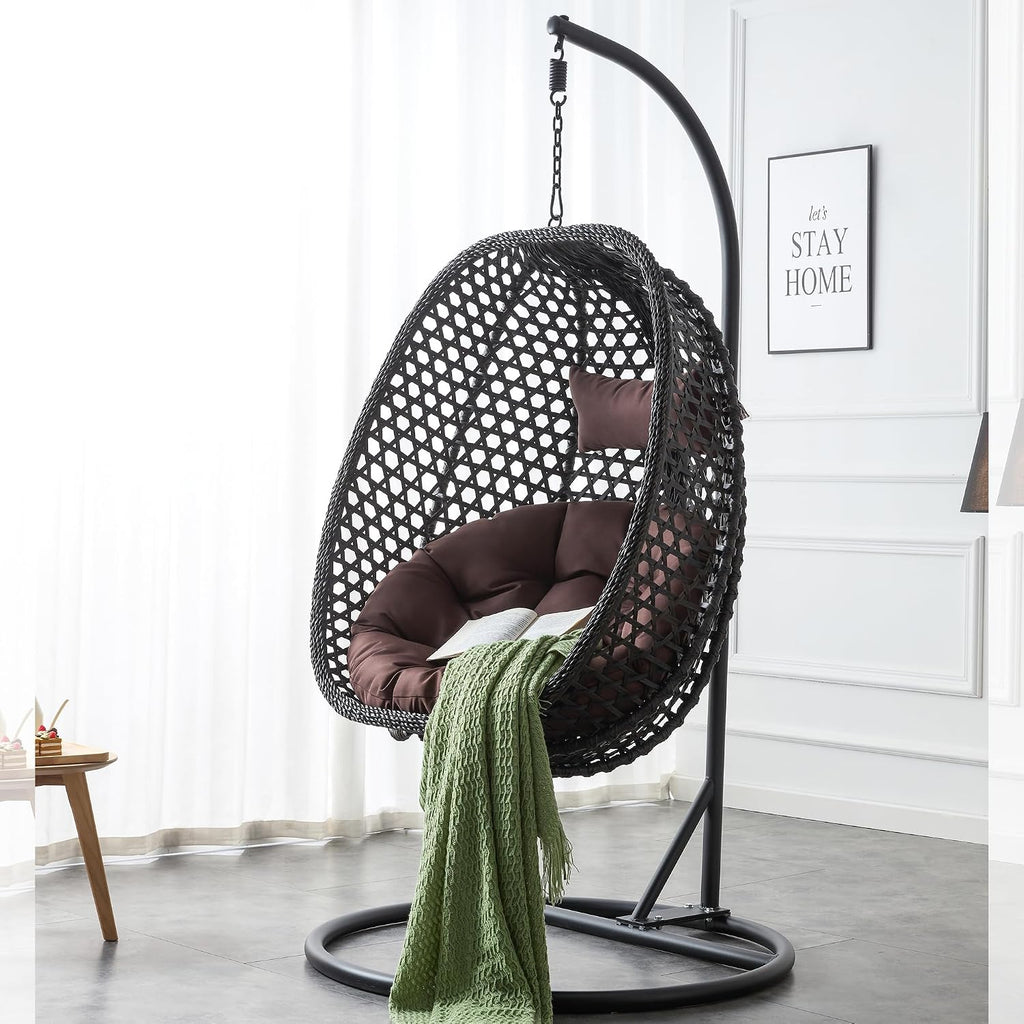 Egg Chair Indoor Outdoor, Hanging Chair for Bedroom, Swing Chair Hammock with Stand & Cushions, Comfy Swinging Chair Adult Reading Chair for Patio Balcony Backyard, Heavy Duty 350LBS, Black
