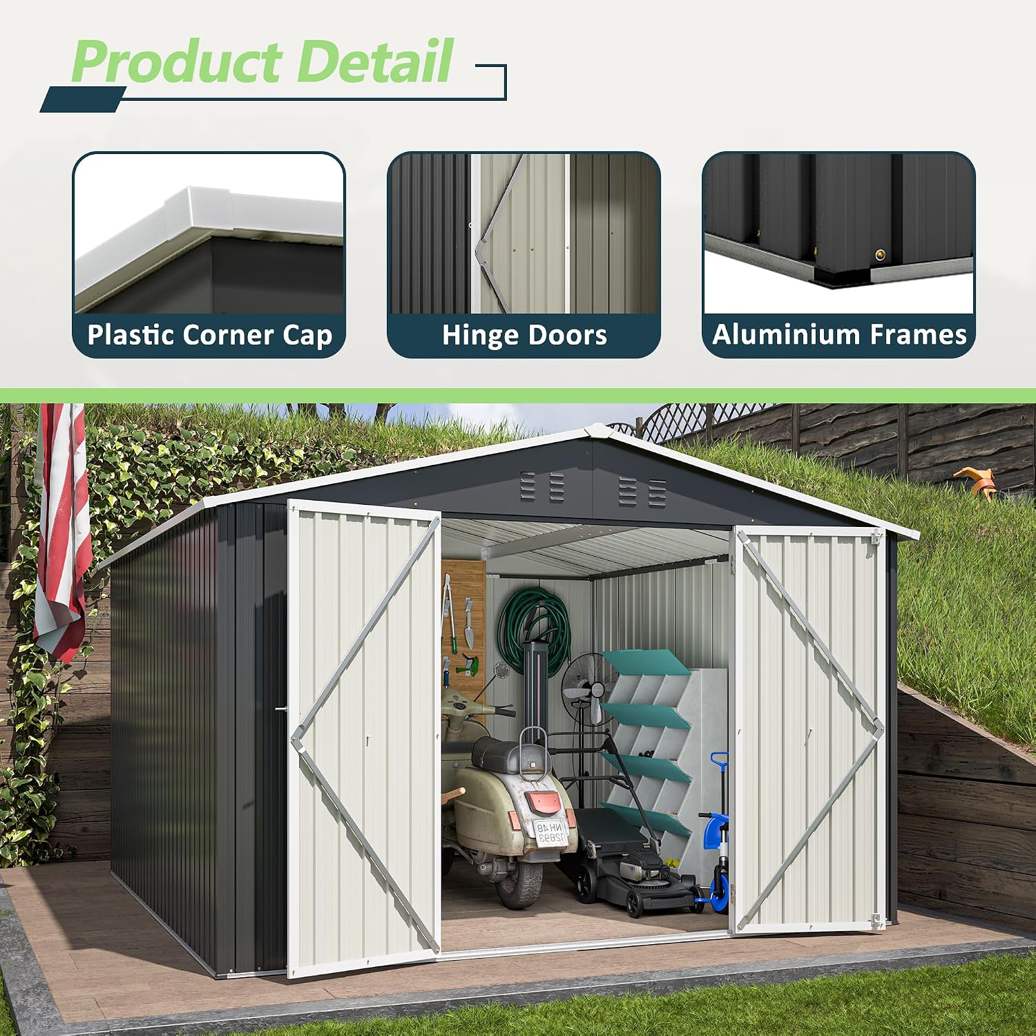 10x10 FT Shed Outdoor Storage Shed Metal Garden Shed with Lockable Doors & Slooping Roof Tool Shed Bike Shed for Backyard, Patio, Poolside (Black)