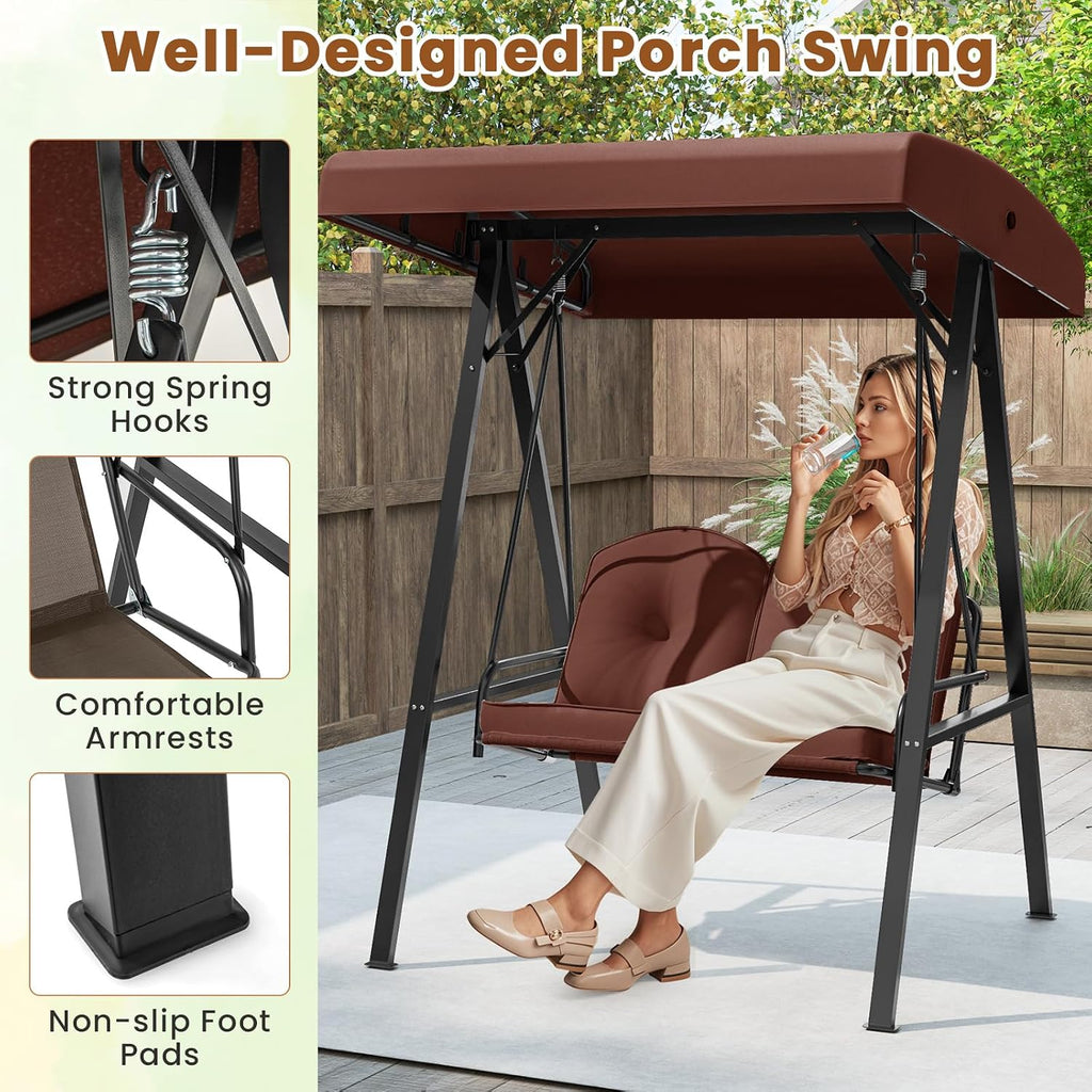 Tangkula 2 Person Porch Swing, Patio Swing with Adjustable Canopy, Heavy-Duty Metal Frame & Soft Cushion, Outdoor Swing for Backyard, Garden (Brown)