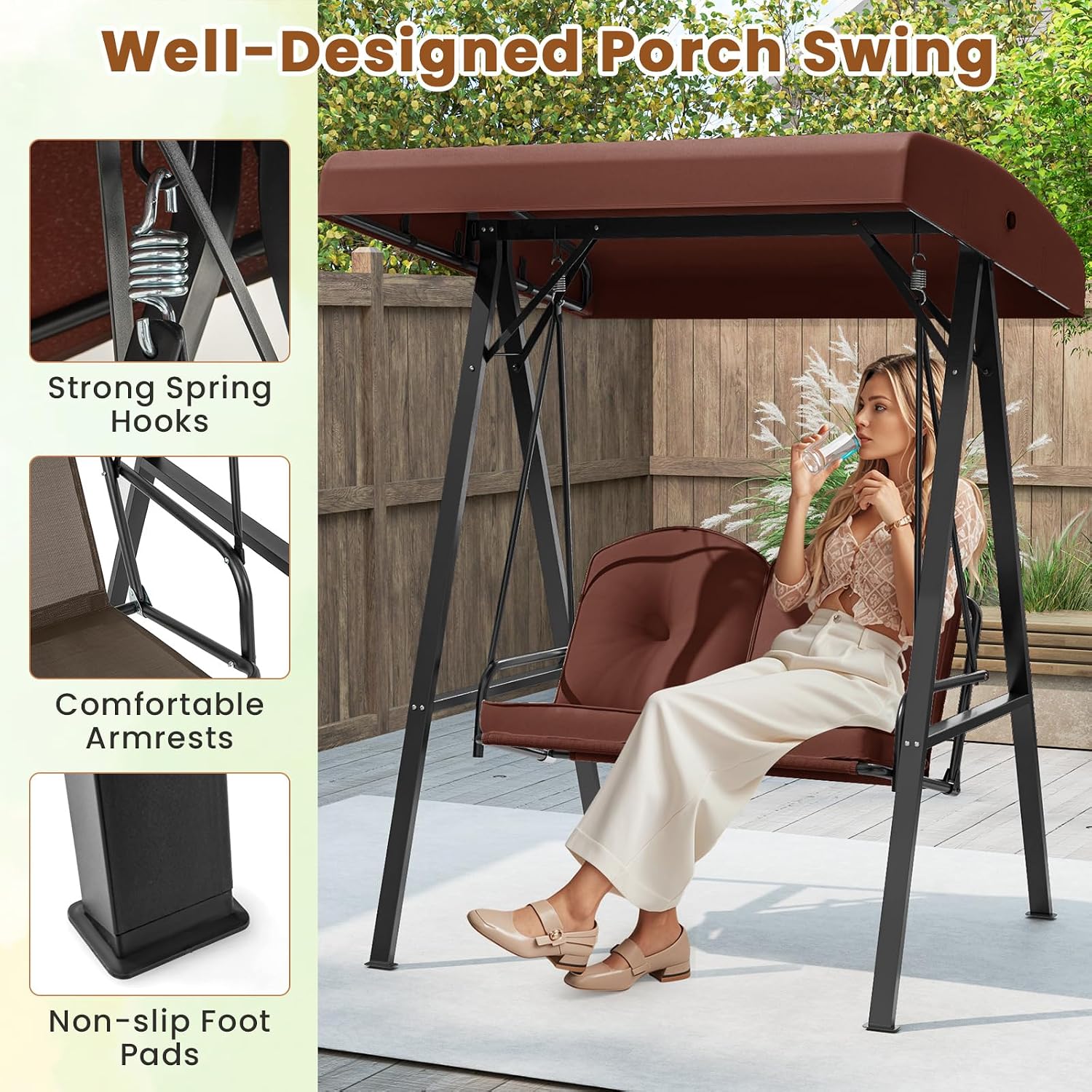 Tangkula 2 Person Porch Swing, Patio Swing with Adjustable Canopy, Heavy-Duty Metal Frame & Soft Cushion, Outdoor Swing for Backyard, Garden (Brown)