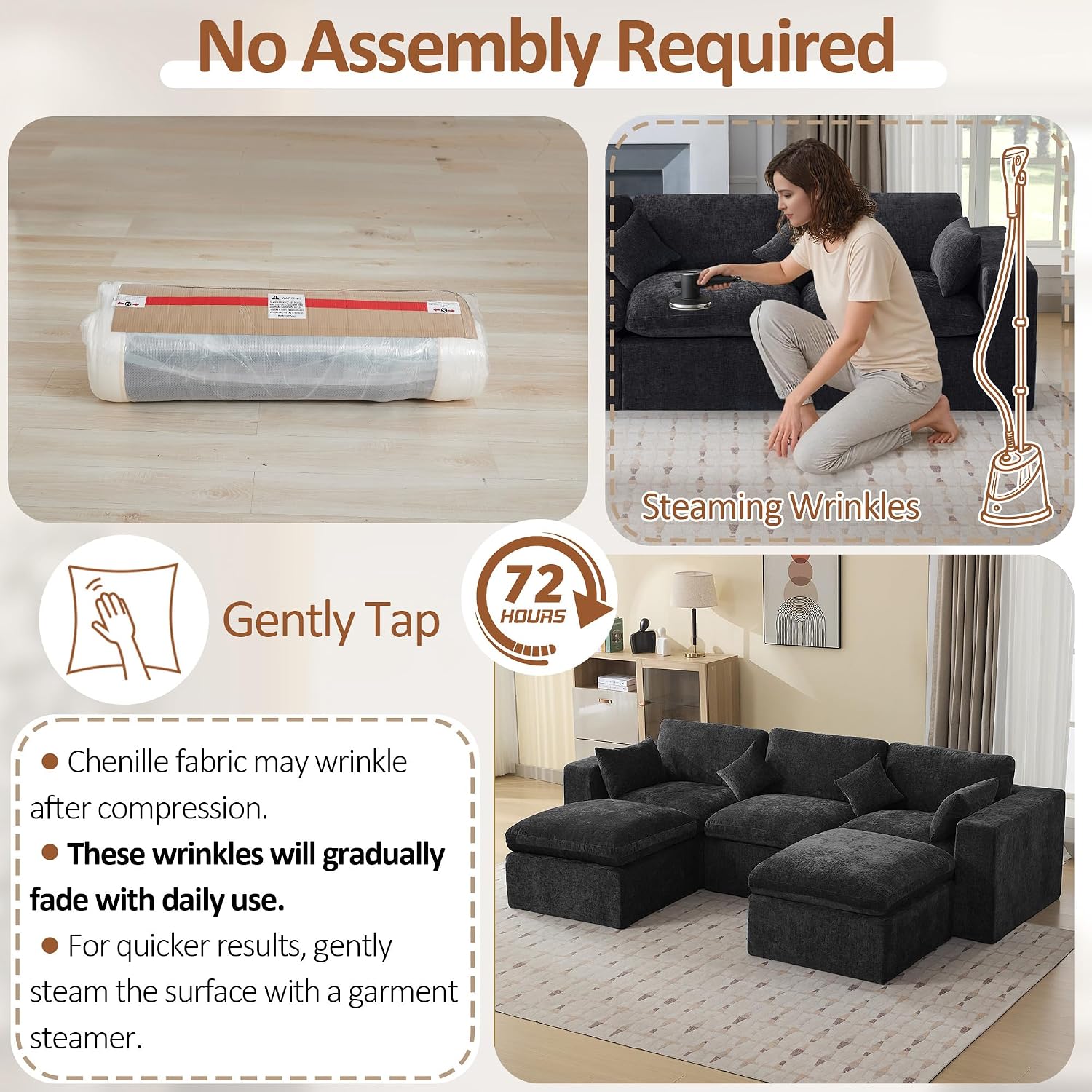 115'' Cloud Boneless Sectional Couch, Modular Sectional Sofa Deep Seat with 2 Ottomans, Oversized Upholstered Convertible Comfy 5 Seater Chenille Sofa U Shape Couches for Living Room, Dark