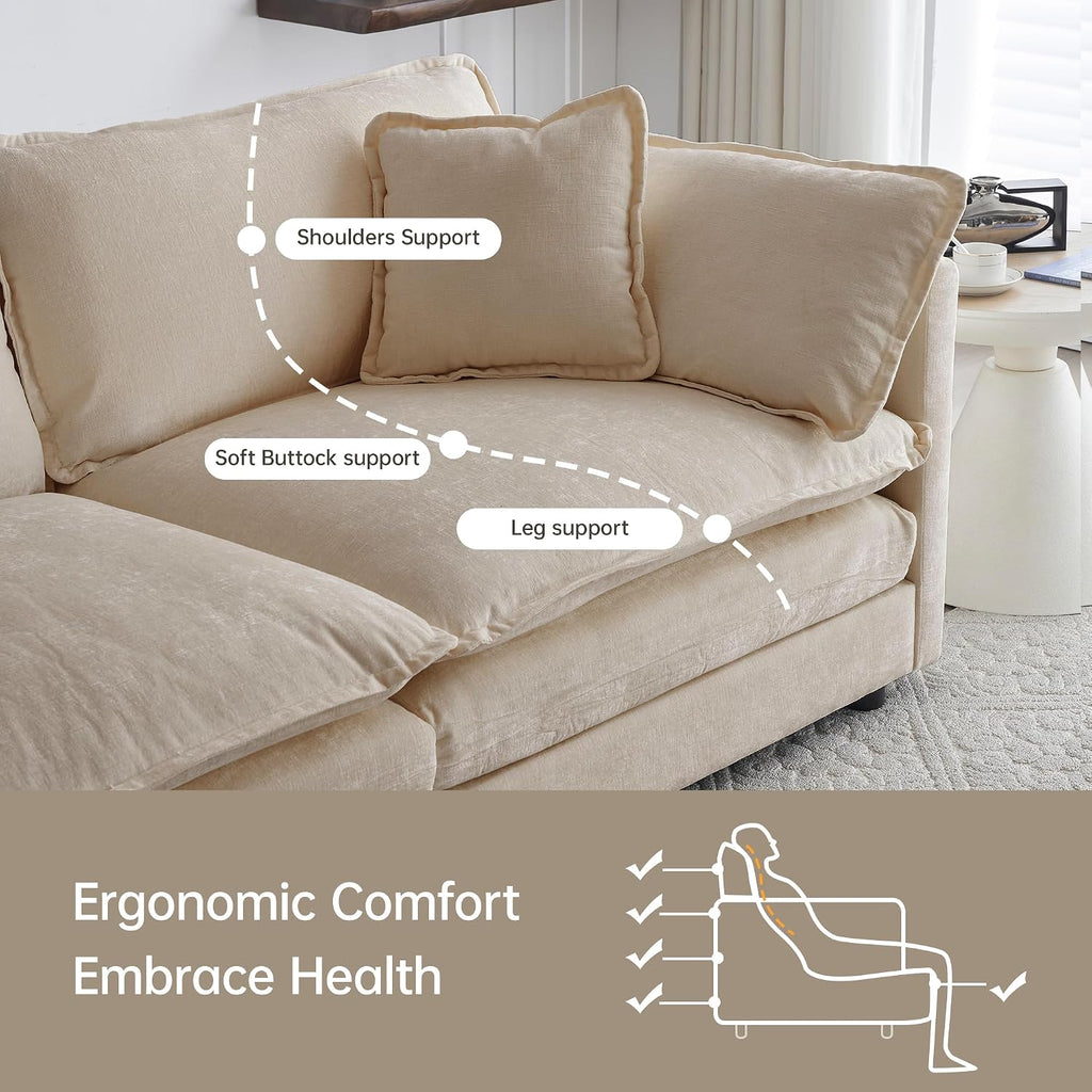 Modular Sectional Sofa, 111.5 Inch I-Shaped Cloud Sofa with Deep Seat Chenille Sofa with Cushions, Three-Self Sectional Sofa for Living Room Apartment,Light Coffee