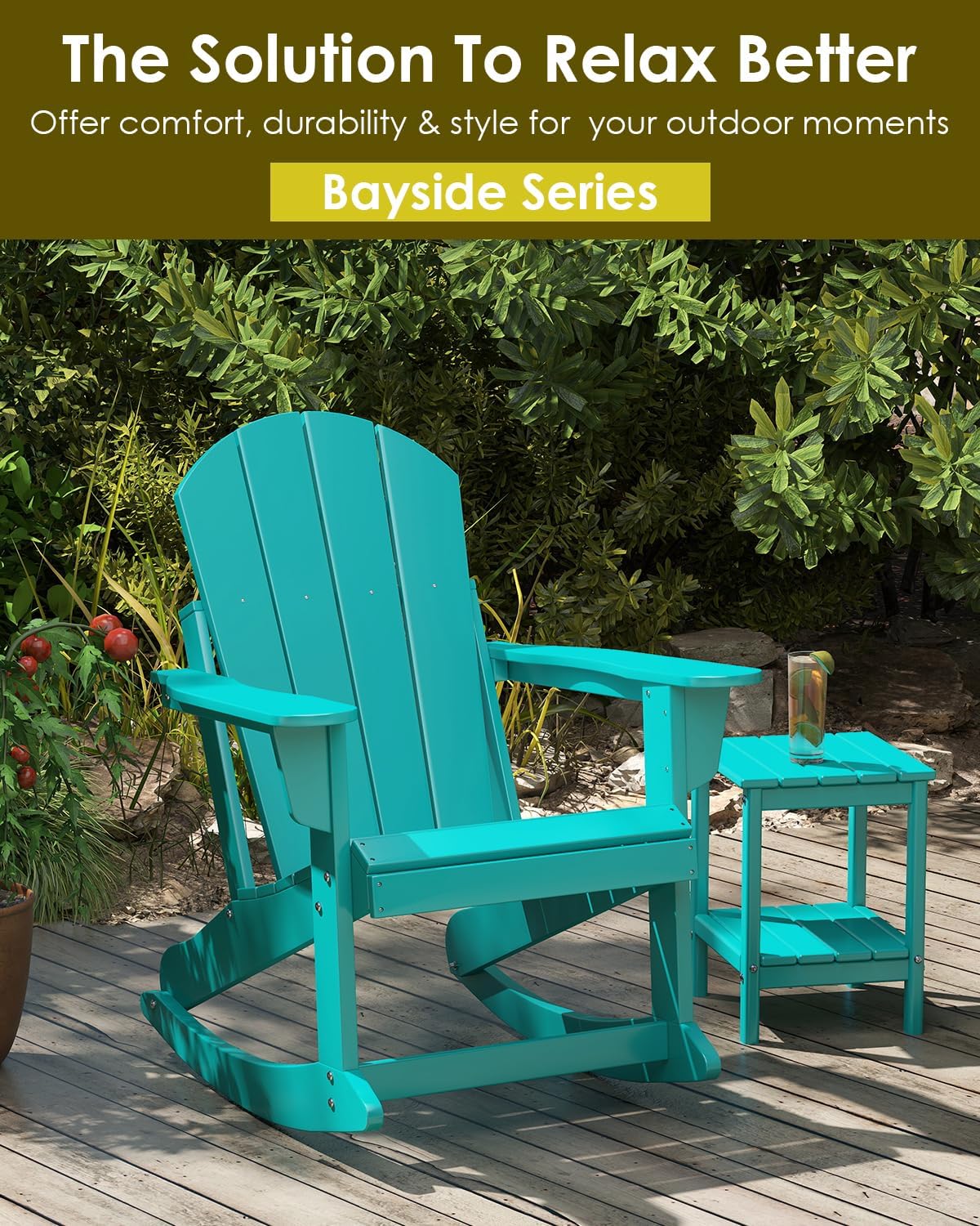 GREENVINES Adirondack Rocking Chair | HDPE Plastic | Porch Rocker | Chair for Outdoor Patio Deck | All Weather | Aqua