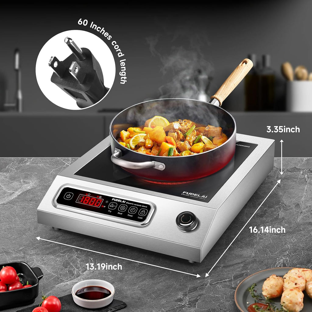 1800W Commercial Grade Induction Cooktop with 9 Power Levels - Infrared Electric Burner with EUROKERA Micro-Ceramic Panel, Timer, Safety Lock, for Restaurant, Home Kitchen Use