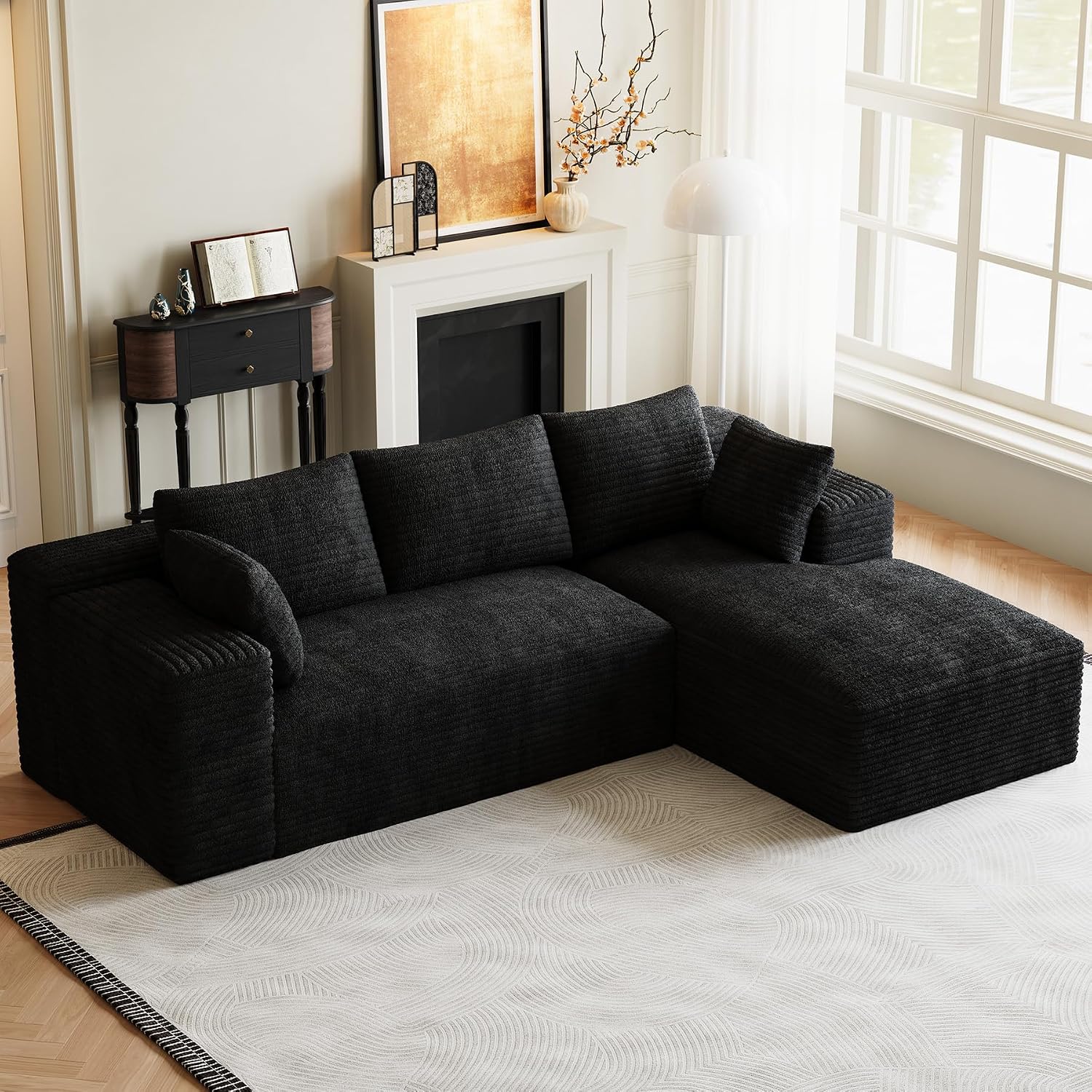 Cloud Sectional Couch Modular Sectional Sofa, 95.5' Comfy Fluffy Black L Shaped Boneless Couches for Living Room, Deep Seat Plush Corduroy Memory Foam Couch with Right Facing Chaise Sofa
