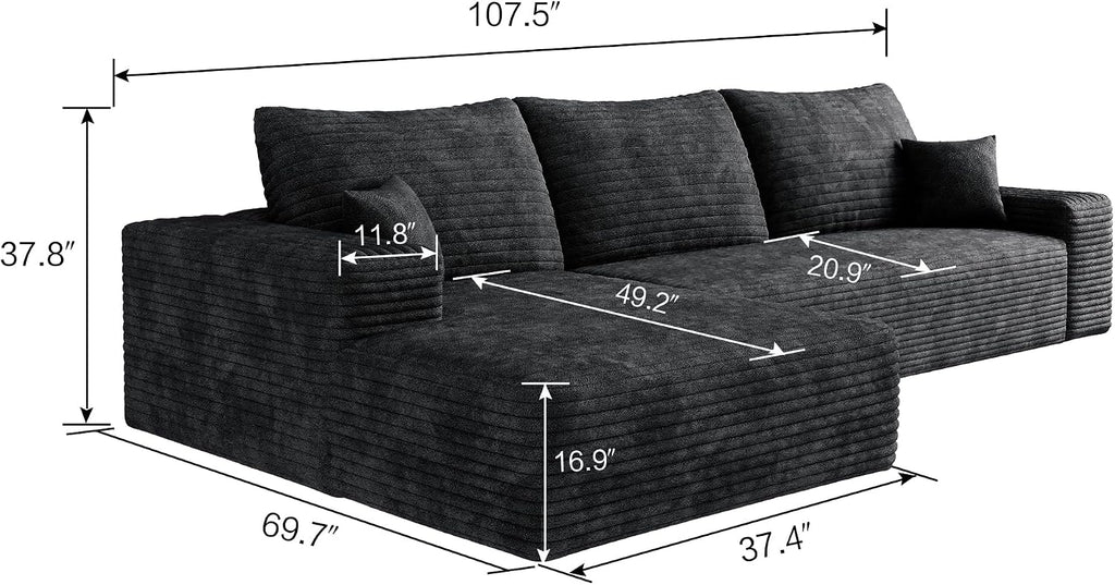 107 inch Cloud Sectional Couch Boneless Sofa in a Box for Living Room, Foam Floor Modular Sectional Sofa w/Deep Seat, Fluffy Corduroy Upholstered Couch with L-Shaped Chaise