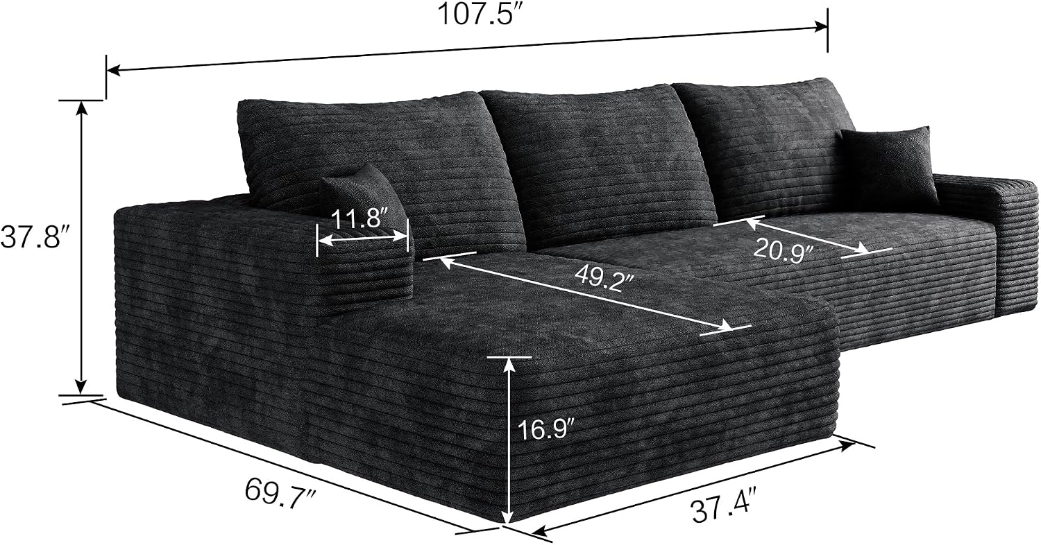 107 inch Cloud Sectional Couch Boneless Sofa in a Box for Living Room, Foam Floor Modular Sectional Sofa w/Deep Seat, Fluffy Corduroy Upholstered Couch with L-Shaped Chaise