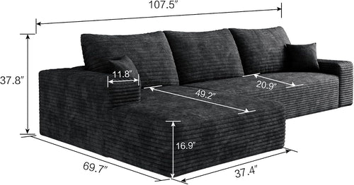 107 inch Cloud Sectional Couch Boneless Sofa in a Box for Living Room, Foam Floor Modular Sectional Sofa w/Deep Seat, Fluffy Corduroy Upholstered Couch with L-Shaped Chaise