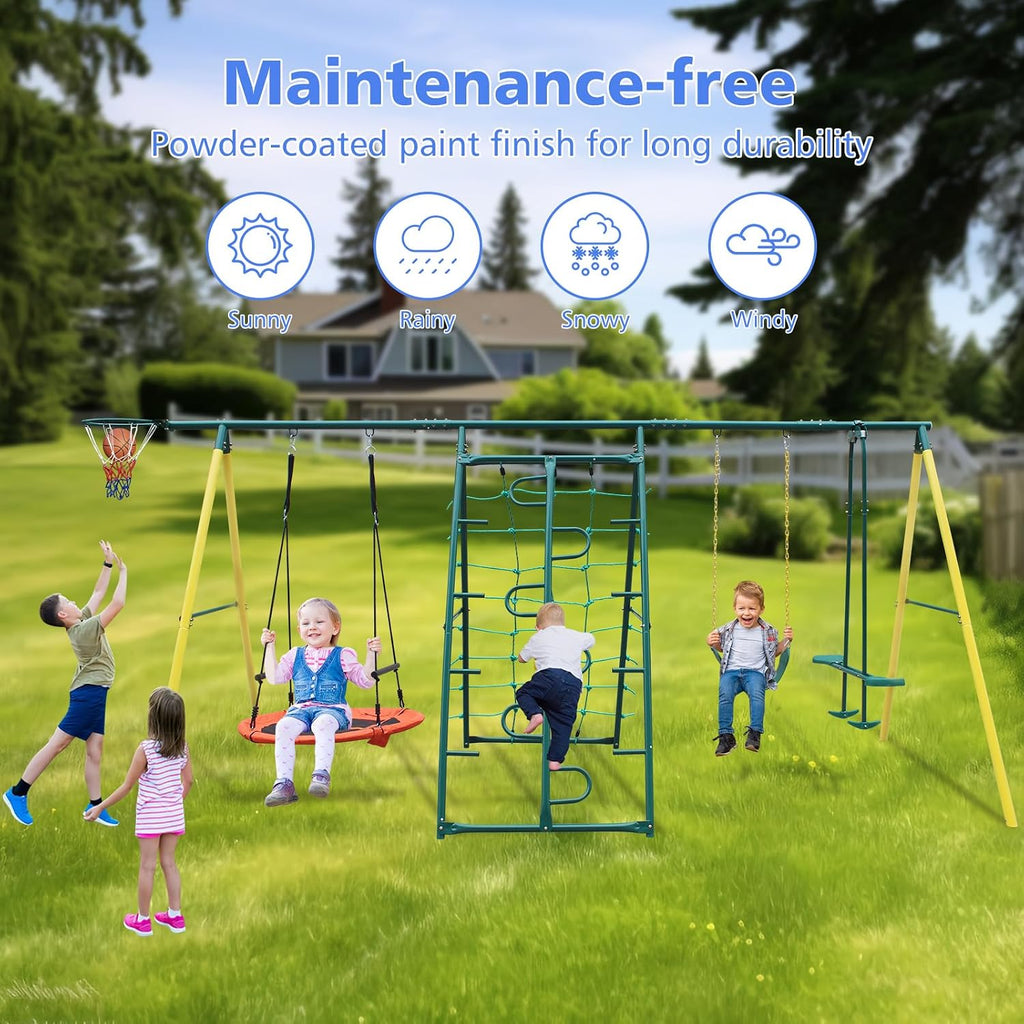 Metal Swing Sets for Kids Backyard, 6-in-1 Heavy Duty Metal Swingset with Climbing Frame, Net, Glider, Hammock Swing, Belt Swing & Basketball Rim, 700LB A-Frame Outdoor Playground for Ages 3-12