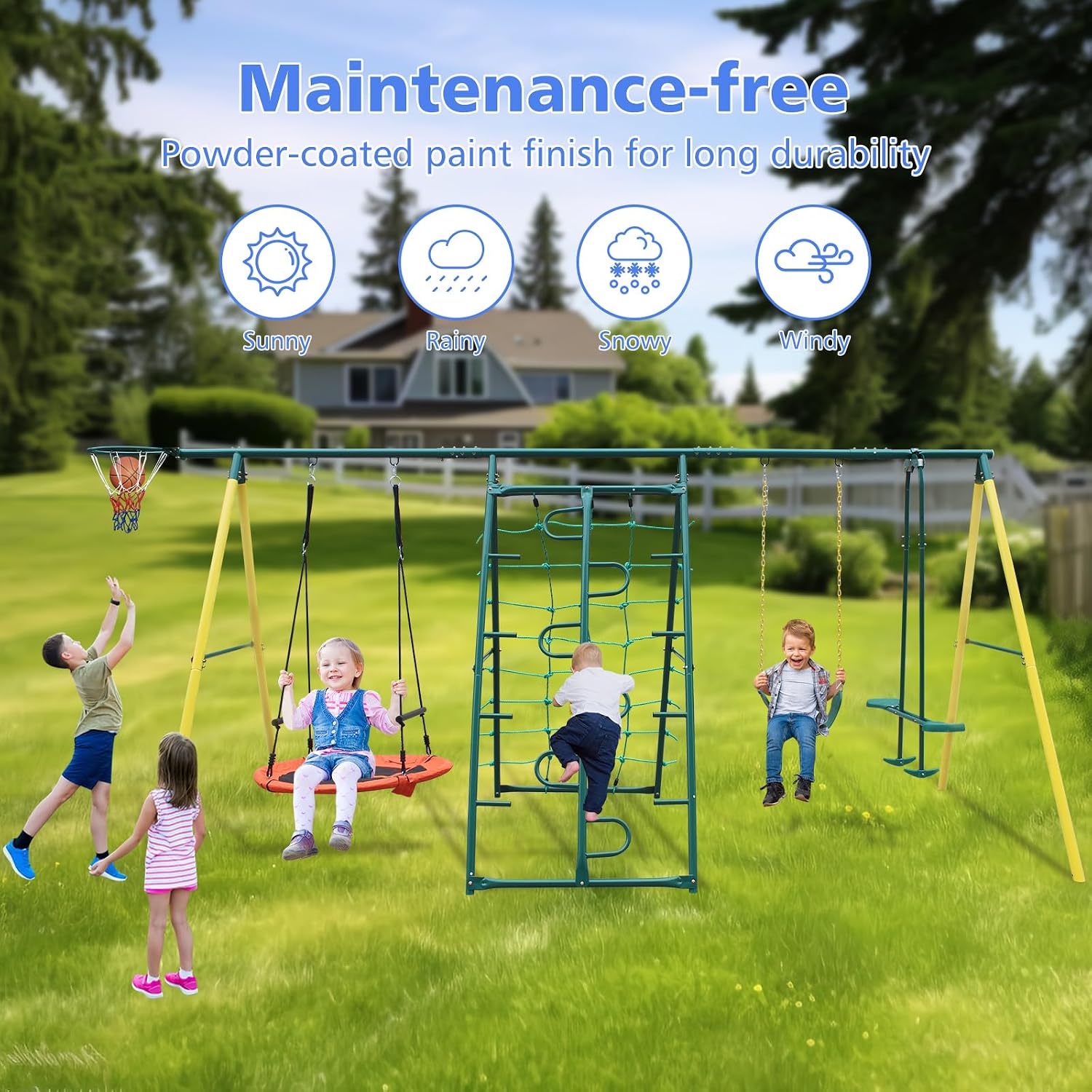 Metal Swing Sets for Kids Backyard, 6-in-1 Heavy Duty Metal Swingset with Climbing Frame, Net, Glider, Hammock Swing, Belt Swing & Basketball Rim, 700LB A-Frame Outdoor Playground for Ages 3-12
