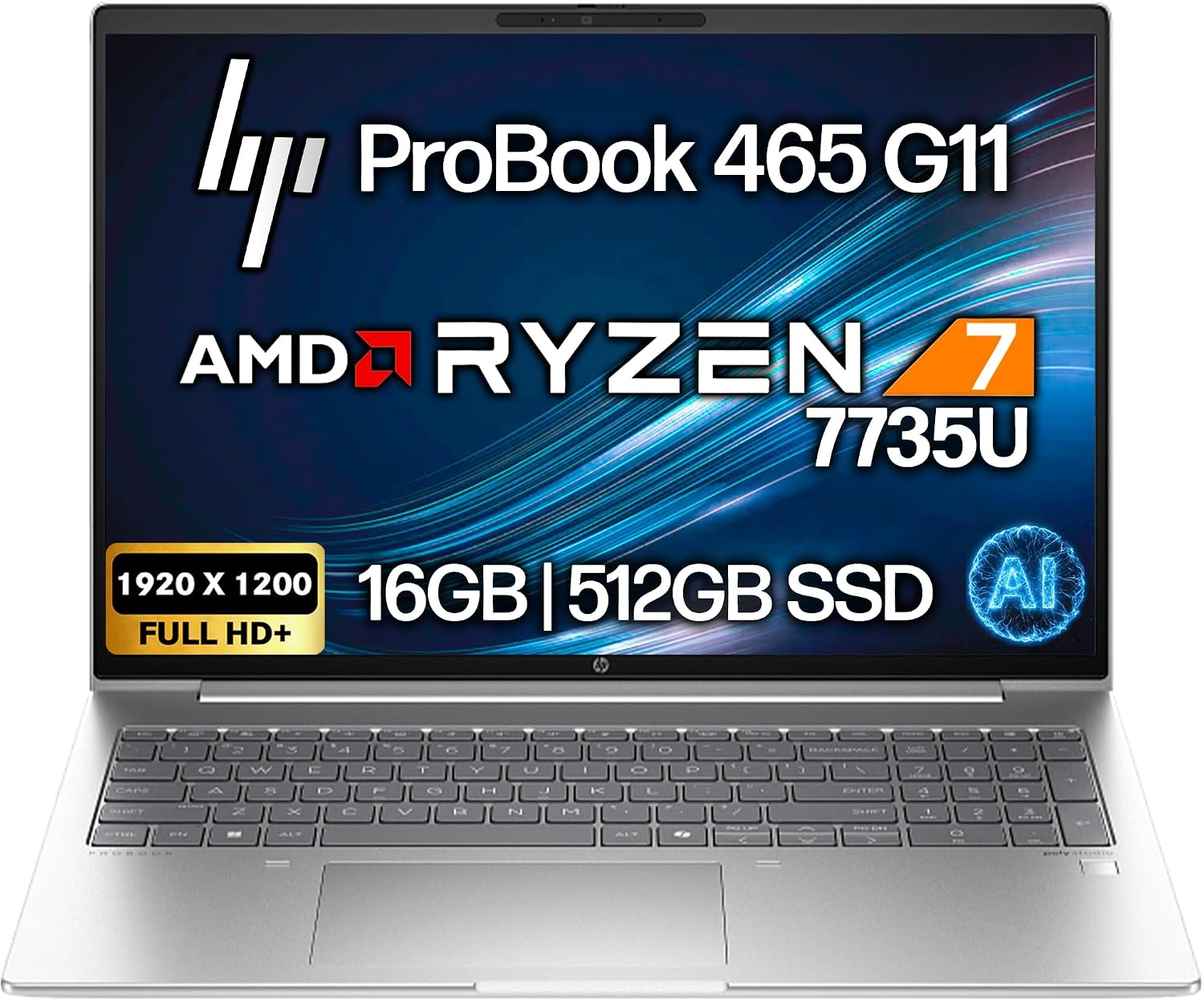 HP ProBook 465 460 G11 Business Laptop 16 FHD+ Display, AMD Ryzen 7 7735U, 16GB DDR5 RAM, 512GB NVMe, Wi-Fi 6E, RJ-45, Webcam, Backlit Keyboard, Win 11 Pro - Pike Silver Aluminum