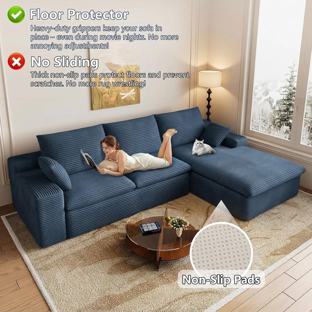 107' Cloud Couch Modular Sectional Sofa for Living Room, L-Shape Boneless Couch with Deep Seat, Modern Corduroy 3-Seater, No Assembly Required (Blue,Right-Facing Chaise)