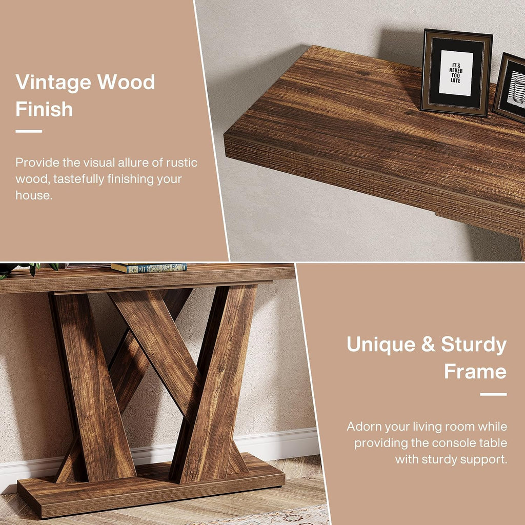 Tribesigns 55-Inch Farmhouse Console Table, Farmhouse Behind The Couch Table TV Stand with Geometric Base, Skinny Sofa Table Entryway Table for Entrance, Living Room, Hallway, Foyer, Rustic Brown