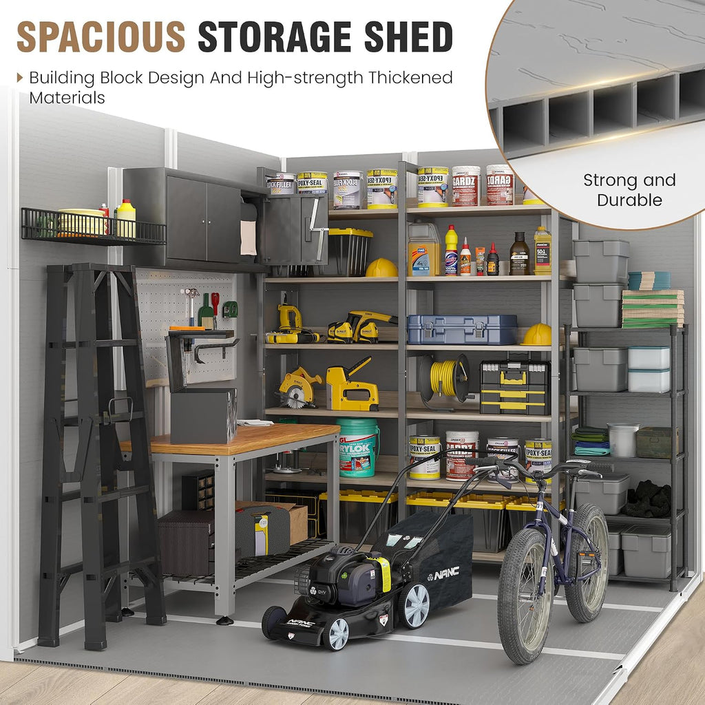Outdoor Storage Shed, 8x6 FT Resin Shed with Floor Included and Lockable Door, Window & Vents, Tool Sheds, Outdoor Storage for Bike, Garden Accessories, Tools, Waterproof