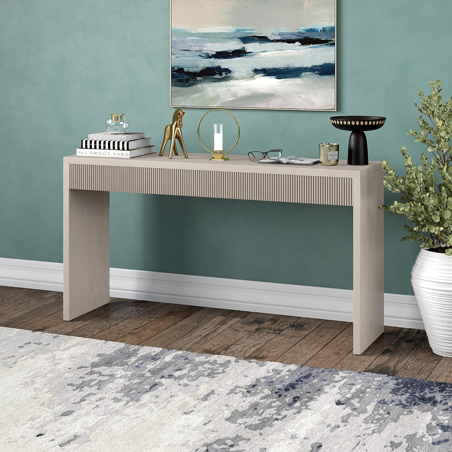 Henn&Hart 55' Rectangular Fluted Console Table, Ribbed Entryway Table, Sofa Table for Entryway, Living Room, Couch, Hallway, or Office, Beech White