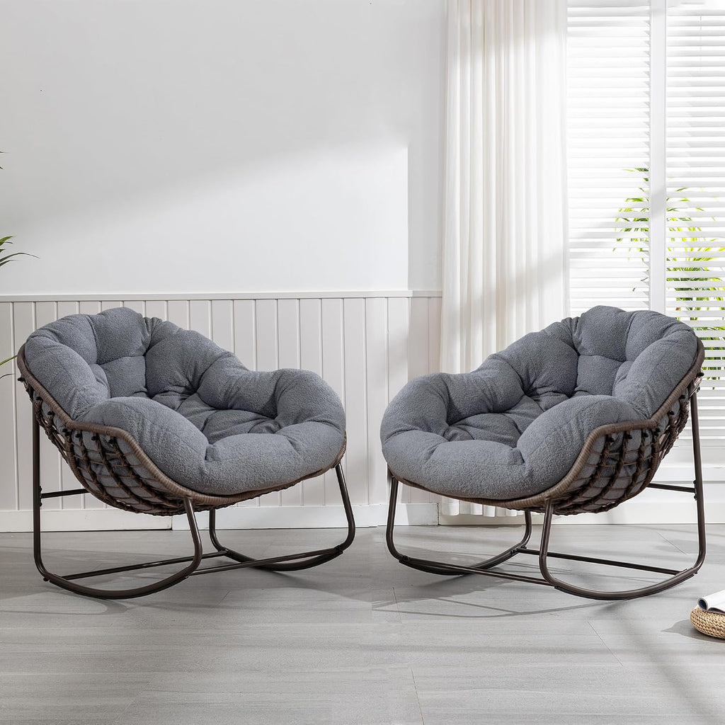 HOMEFUN Outdoor Patio Rocking Chairs Set of 2, Oversized Papasan Rock Chair Indoor with Teddy Padded Cushion - Rocker Egg Seat for Front Porch, Garden, Backyard Dark Gray