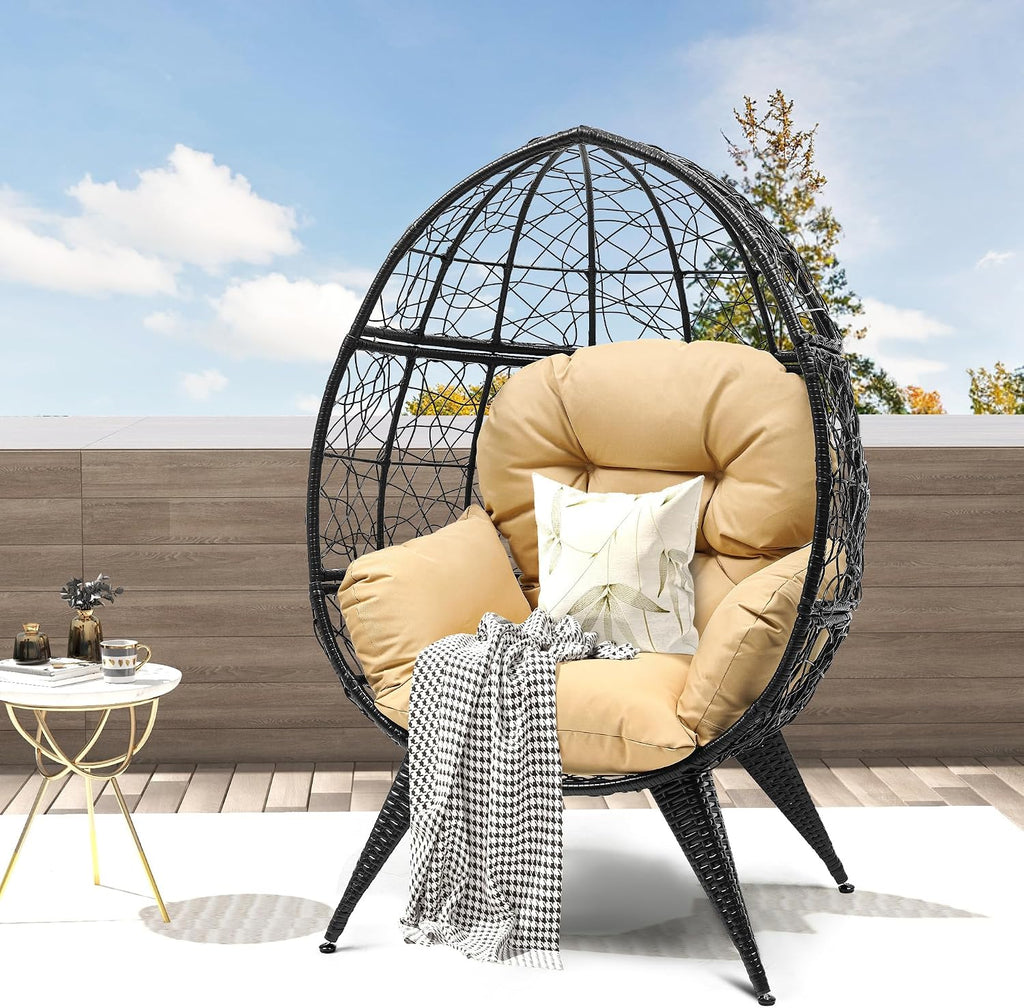 DWVO Egg Chair Patio Rattan Chair with Stand Anti-Slip All-Weather Poratble Adjustable Chair Feet Wicker Egg Lounger Chair for Indoor Outdoor 330LBS (Beige)