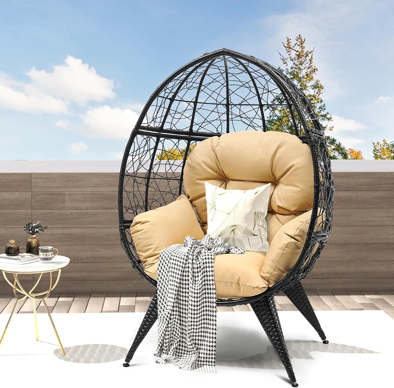 DWVO Egg Chair Patio Rattan Chair with Stand Anti-Slip All-Weather Poratble Adjustable Chair Feet Wicker Egg Lounger Chair for Indoor Outdoor 330LBS (Beige)