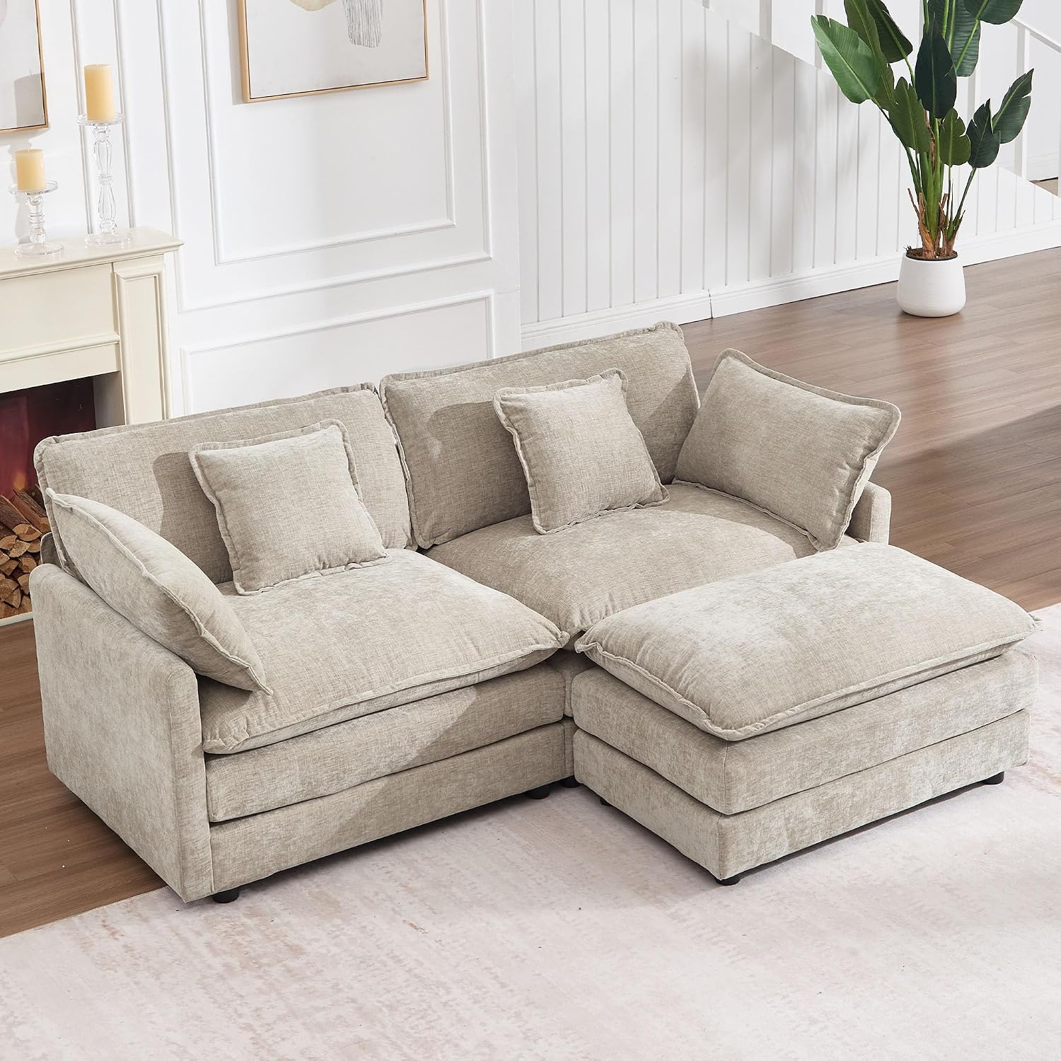 GNIXUU 76.7' Cloud Sofa Couch, Modern Chenille Deep 2 Seater Loveseat with Moveable Ottoman and 4 Pillows, Comfy Modular L Shaped Couches for Small Living Room, Apartment, Studio, Office, Camel