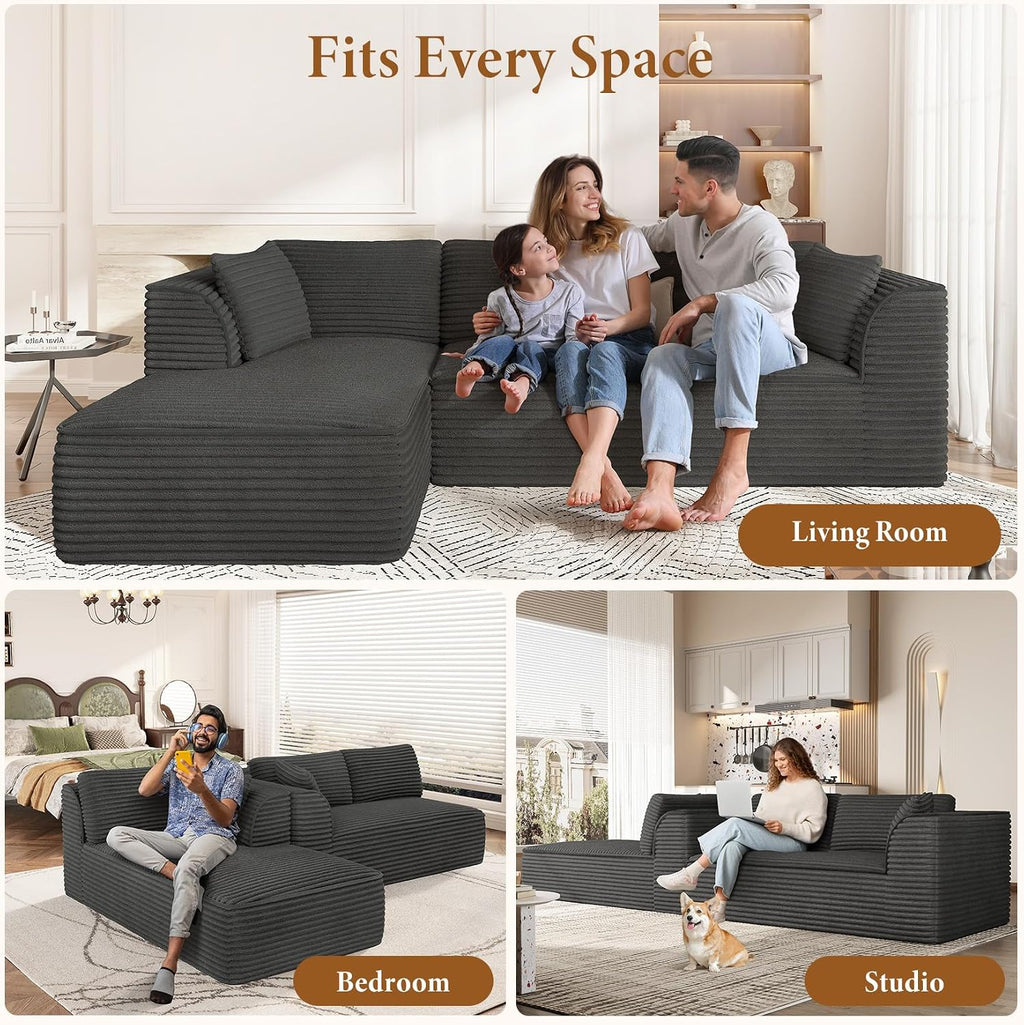 Vesgantti 106' Boneless Couch with Chaise, Deep Seat Comfy Cloud Modular Sofa Corduroy Memory Foam Sectional Couches for Living Room Bedroom, No Assembly Required (Grey, Left-Facing Chaise)